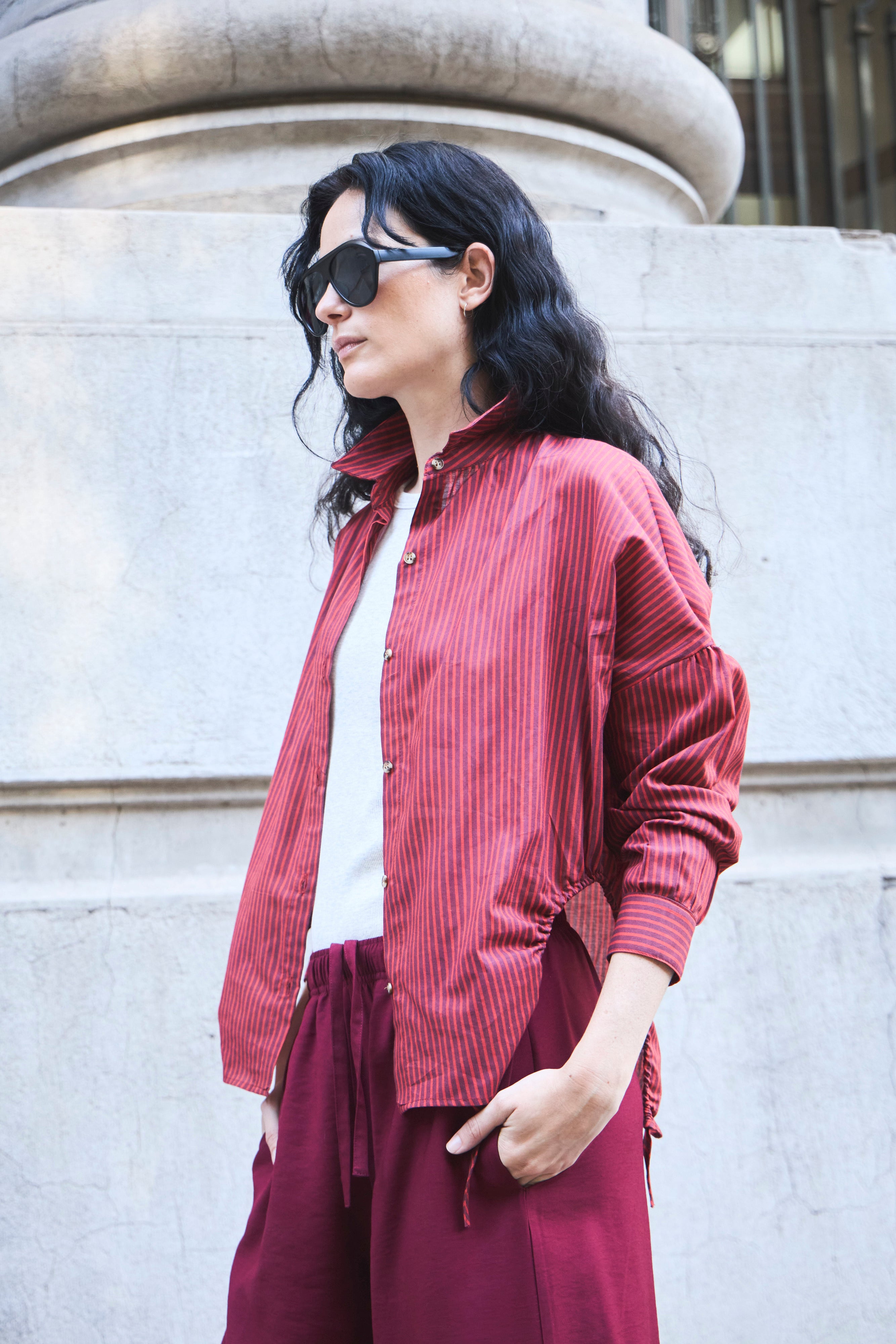 Blusa Ete 100% Algodón Listada Burdeo