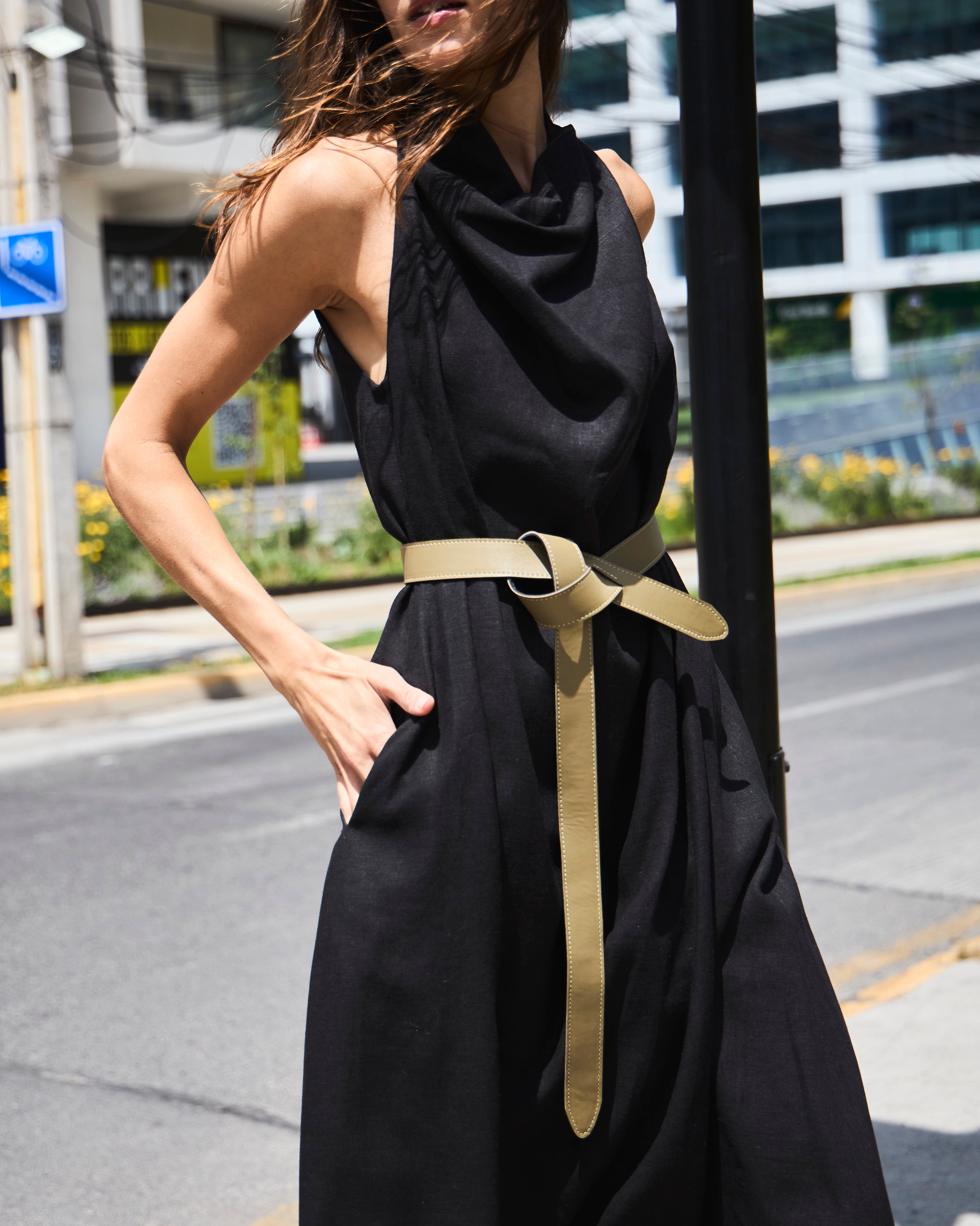 black dress with green belt Black Dress with Bow on the Belt