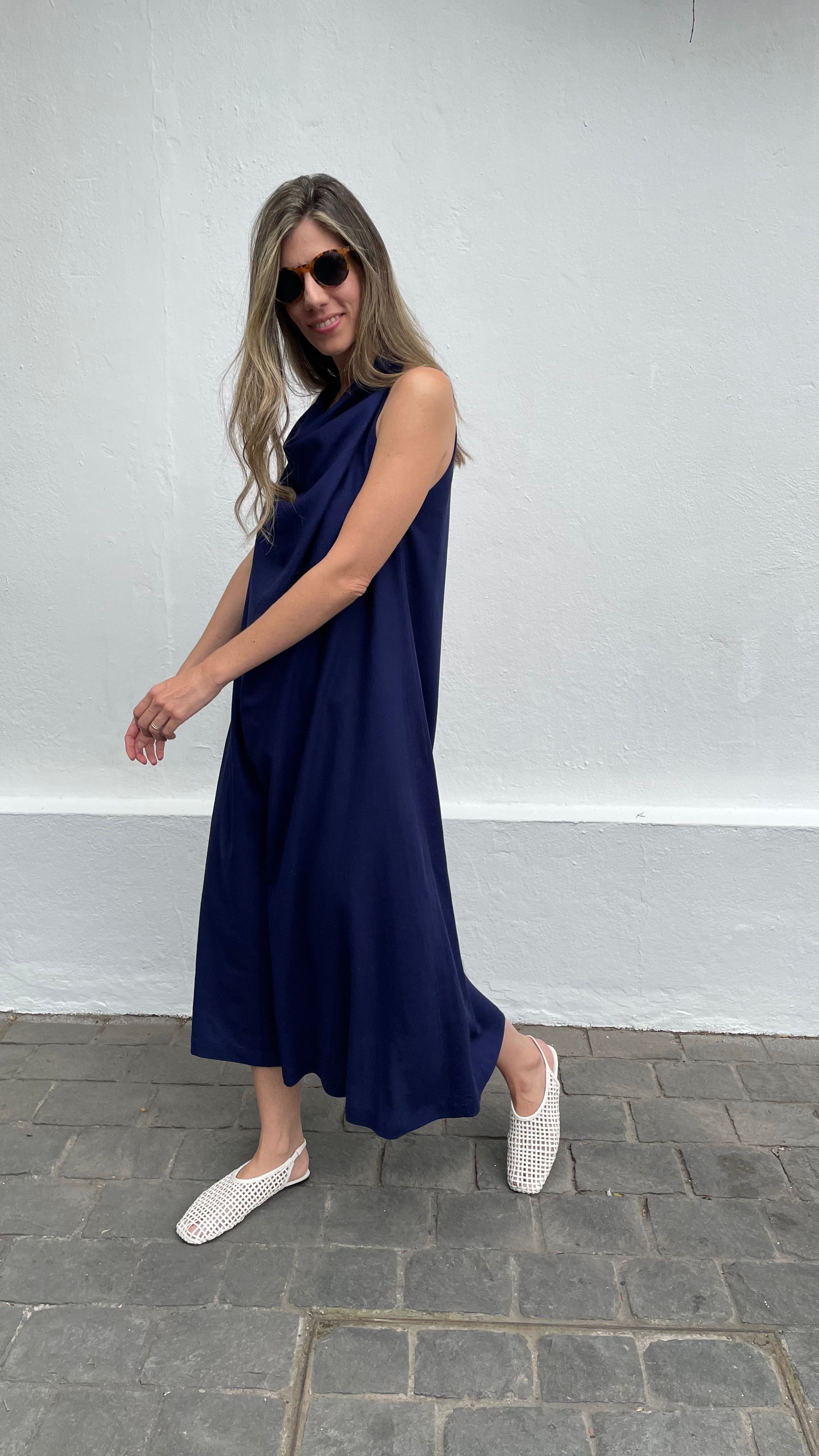 Vestido Drapeado Vie Lino Azul