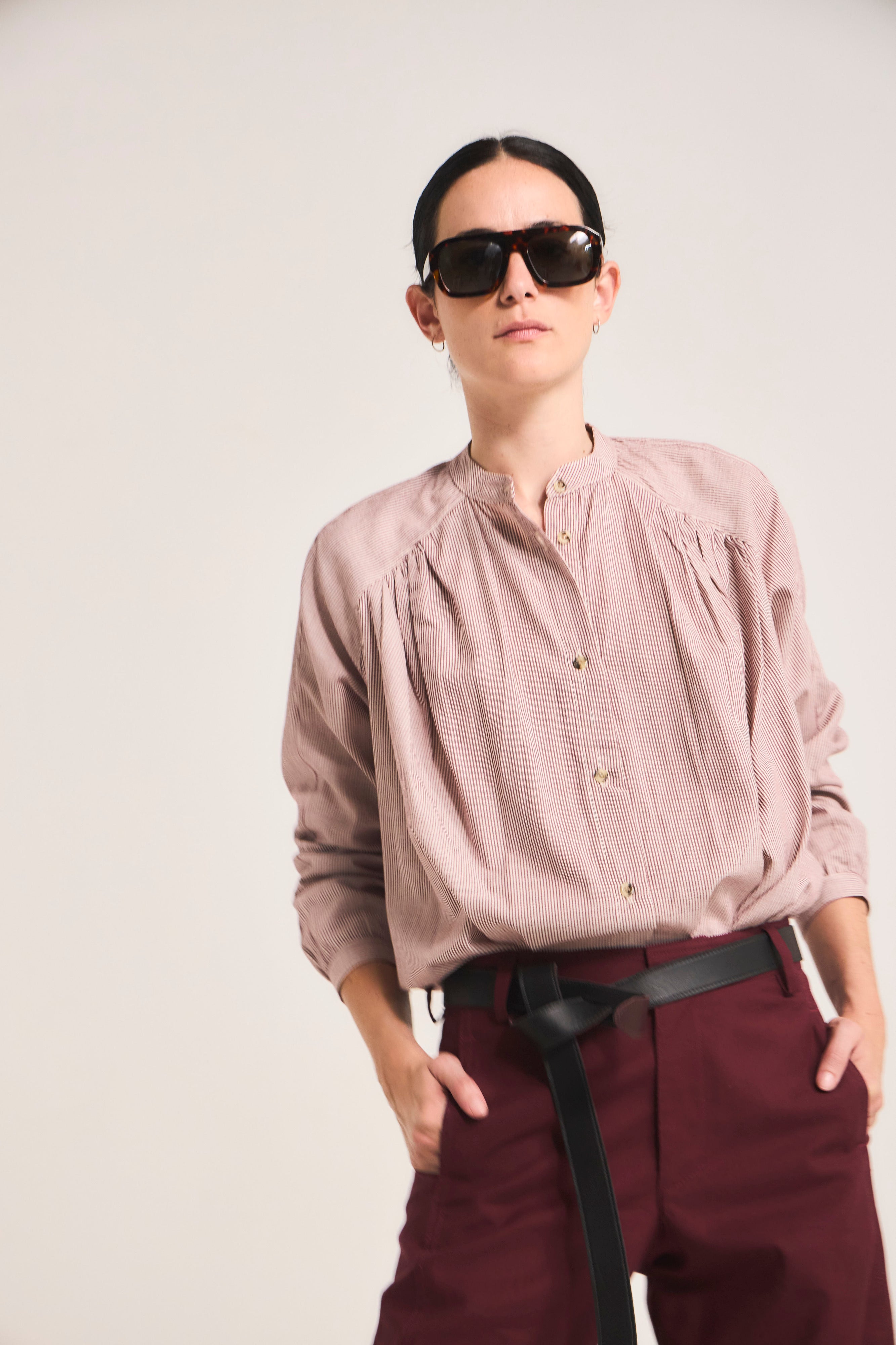 Blusa Tresor 100% Algodón Listada Burdeo