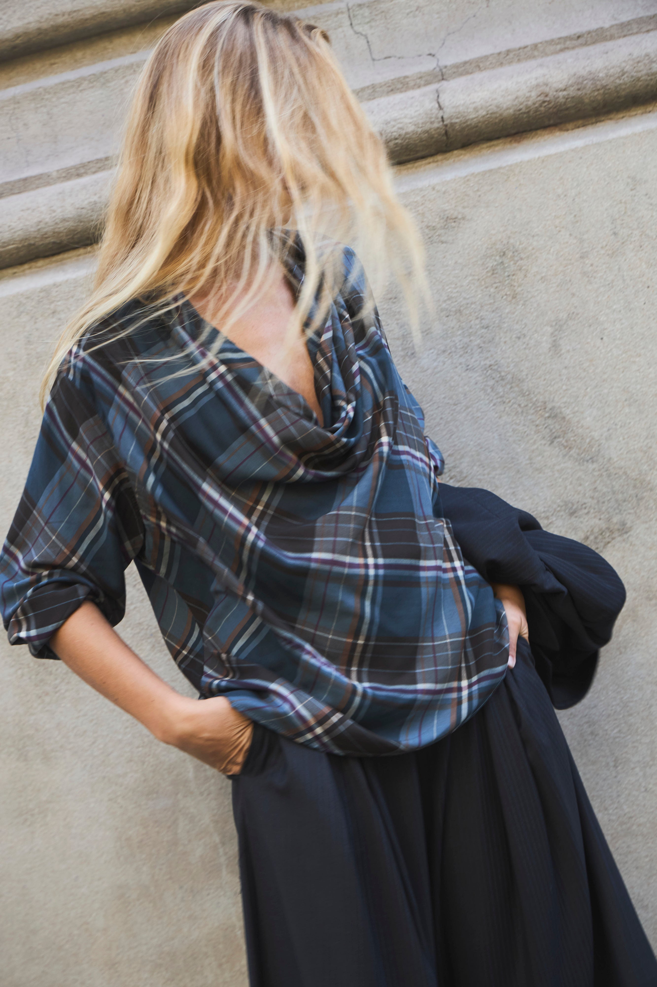 Draped Blouse with Scottish Accent Blue