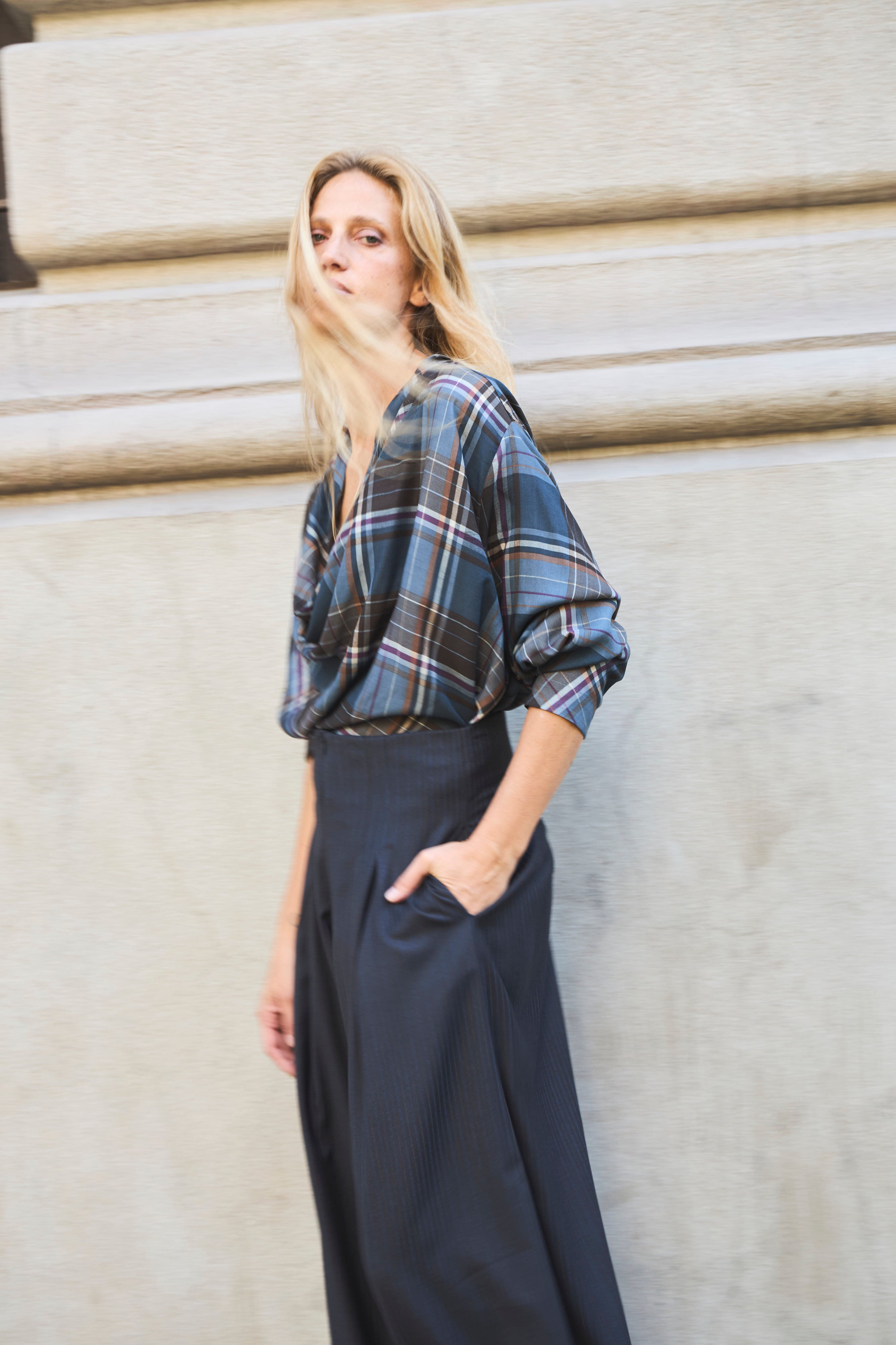 Blusa  Drapeada Appui Escocés Azul