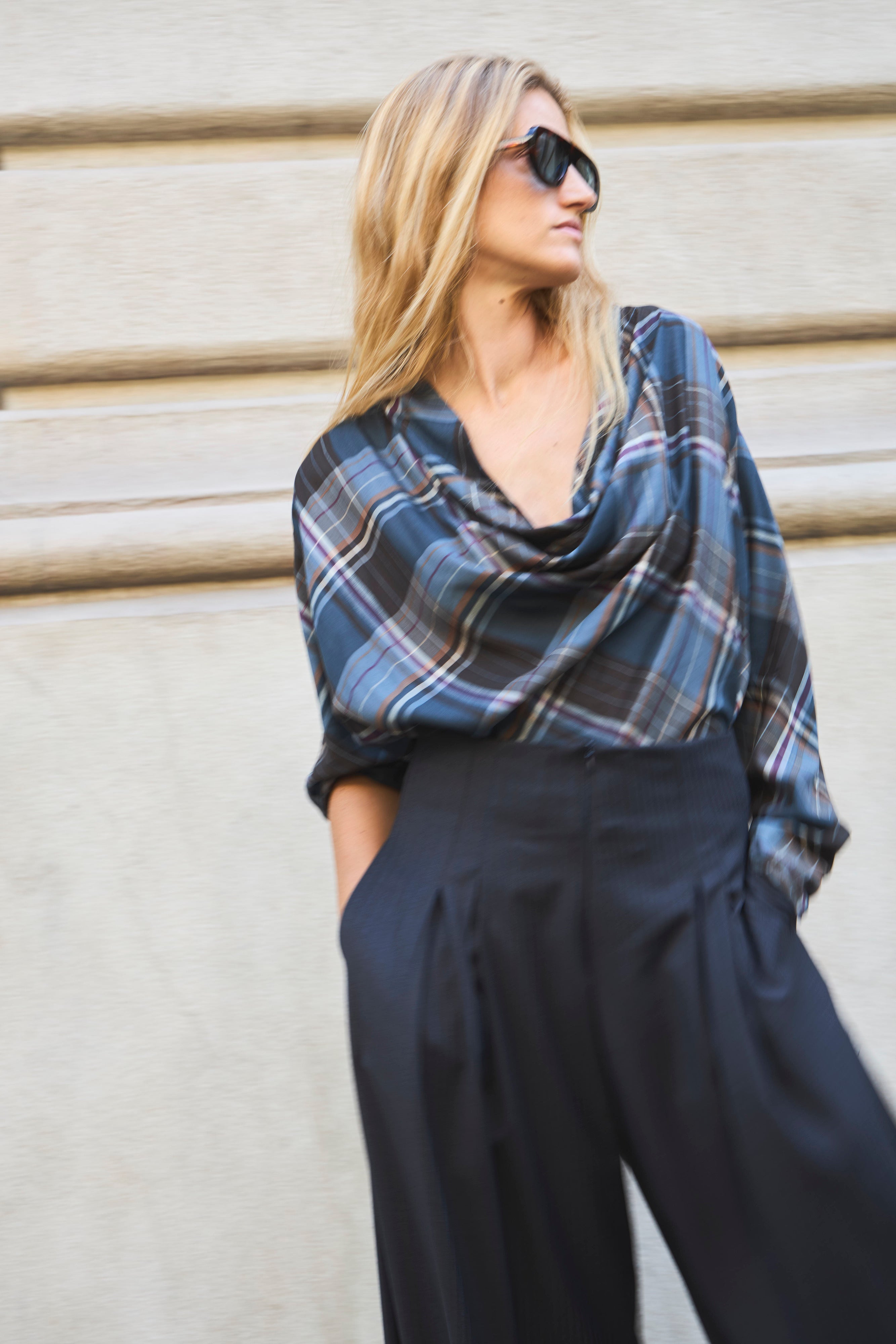 Blusa  Drapeada Appui Escocés Azul