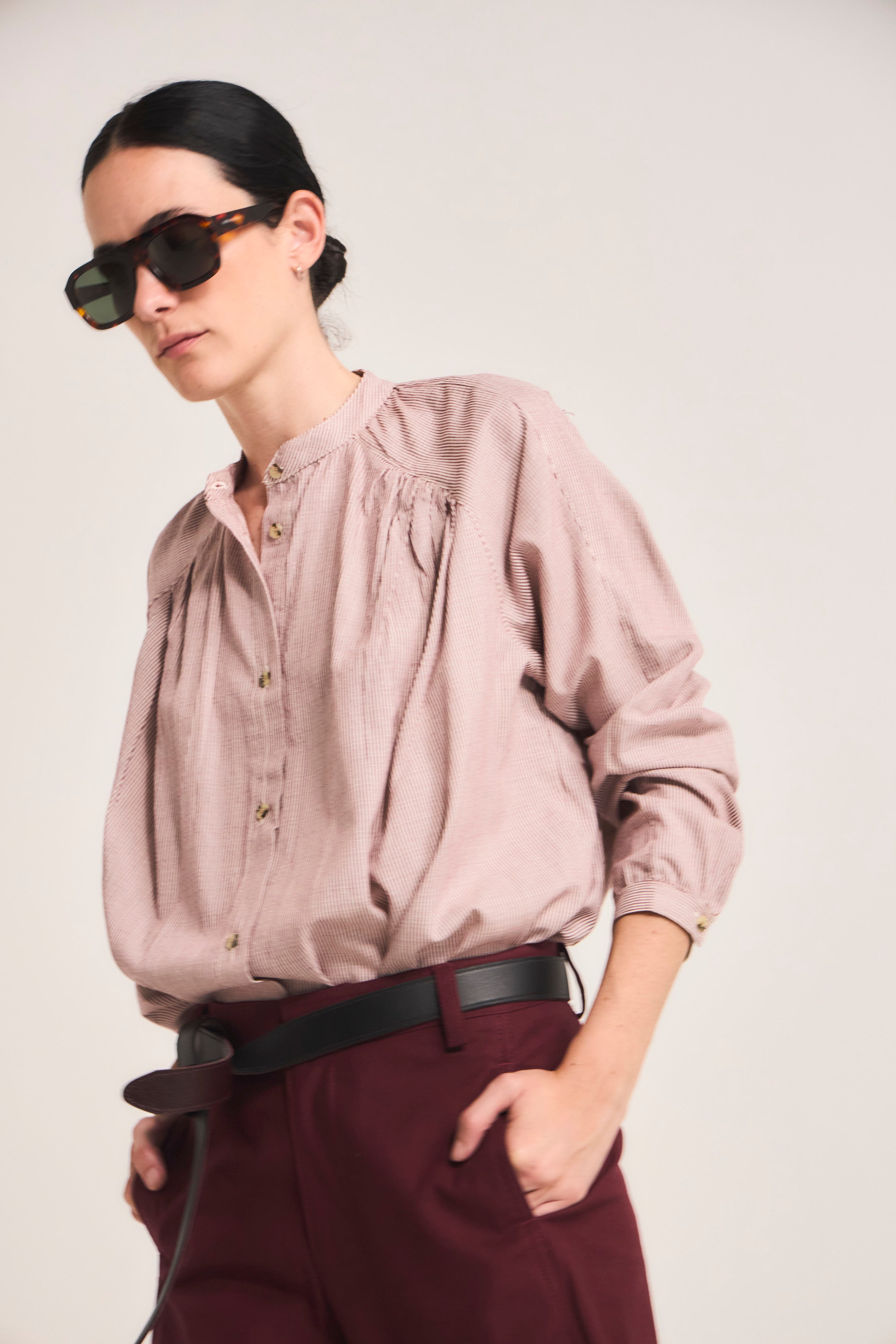 Blusa Tresor 100% Algodón Listada Burdeo