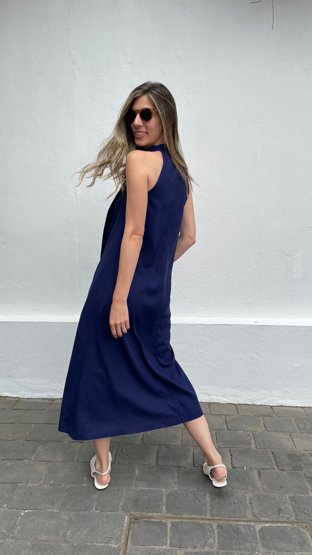 Vestido Drapeado Vie Lino Azul