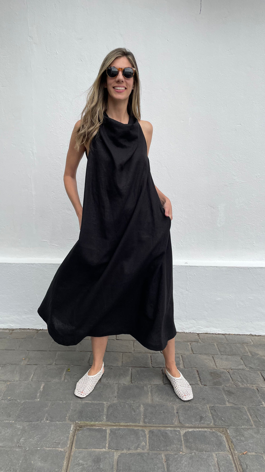 Vestido Drapeado Vie Lino Negro