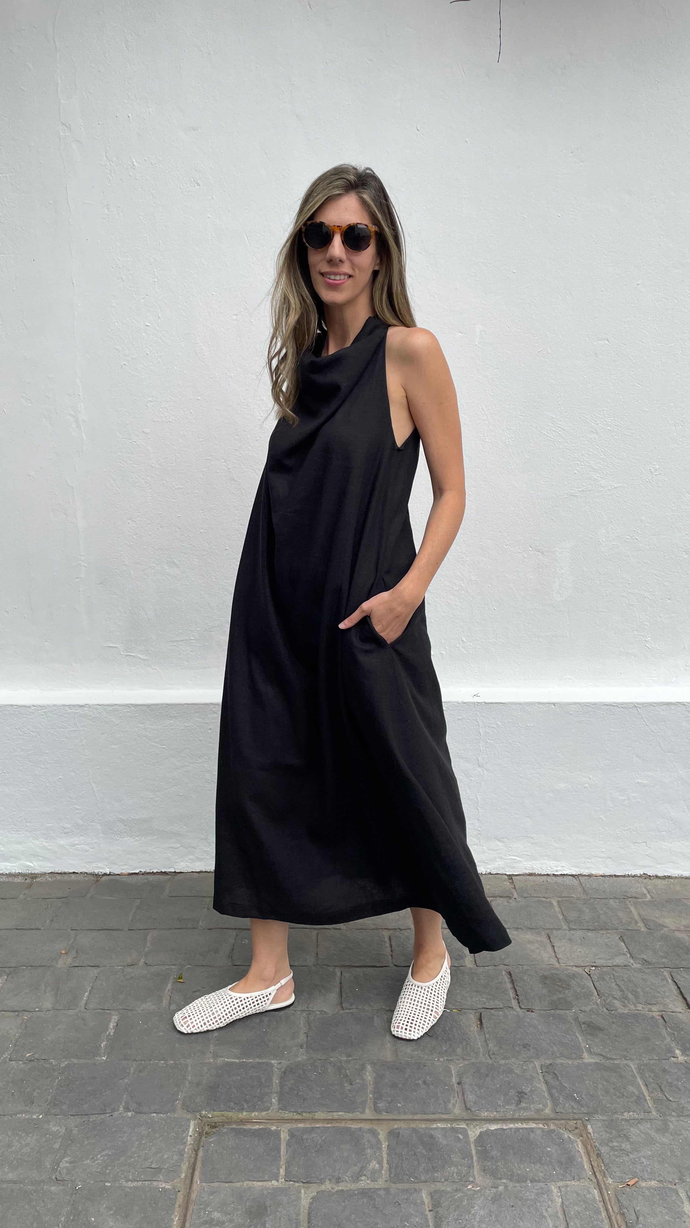 Vestido Drapeado Vie Lino Negro