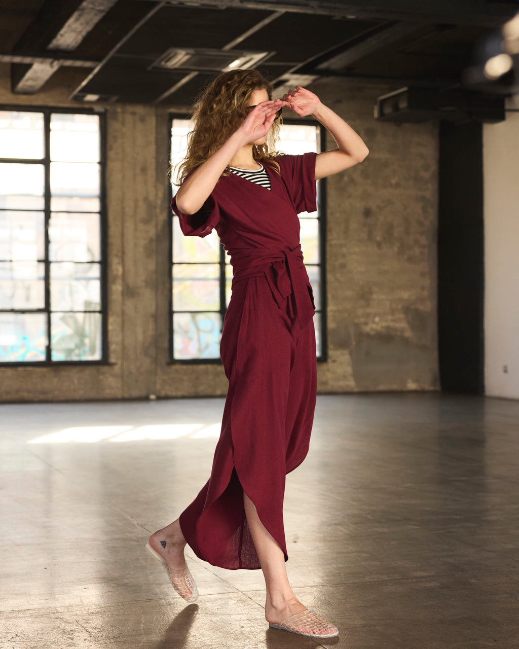 Pantalón Globo Solide Lino Burdeo