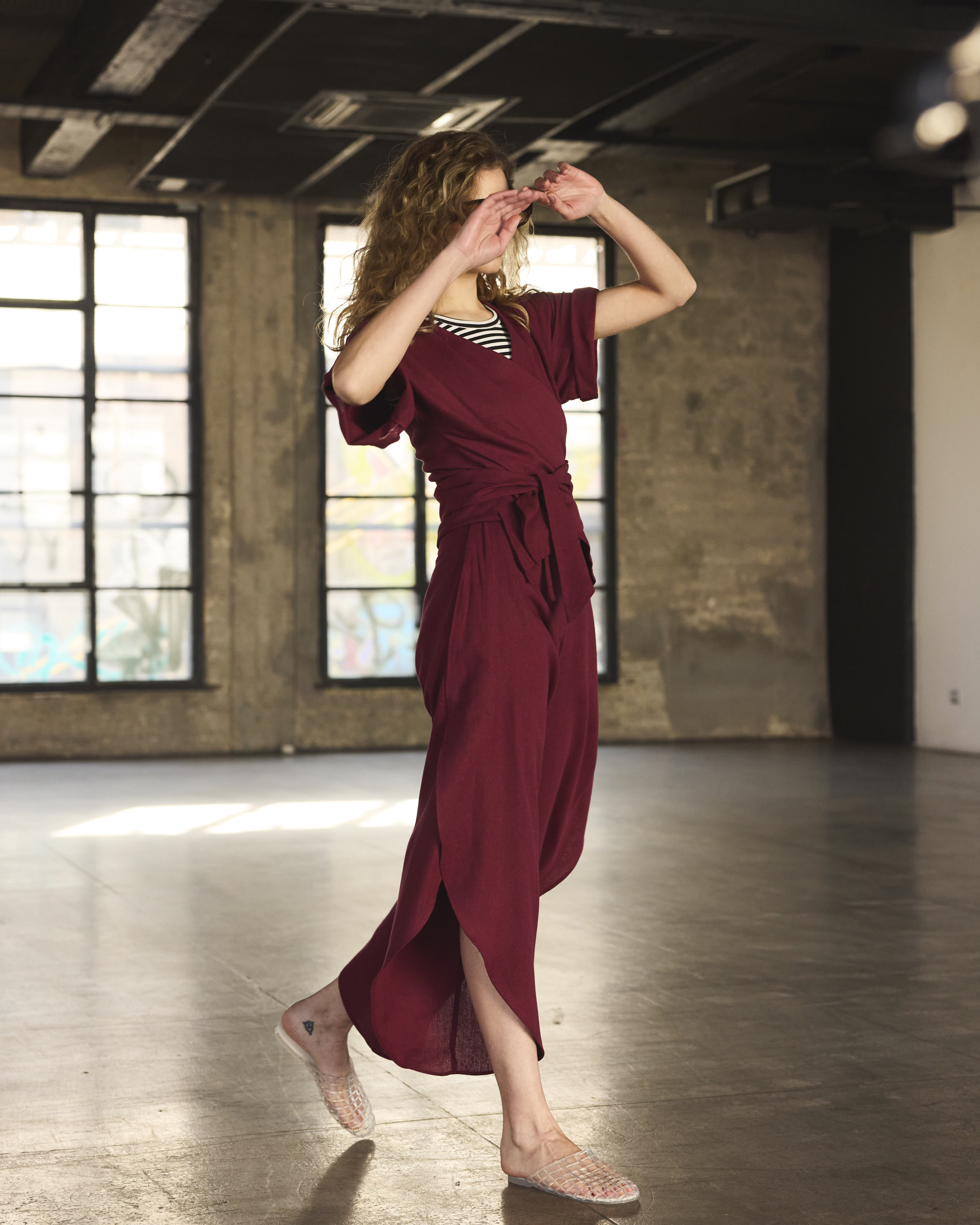 Pantalón Globo Solide Lino Burdeo