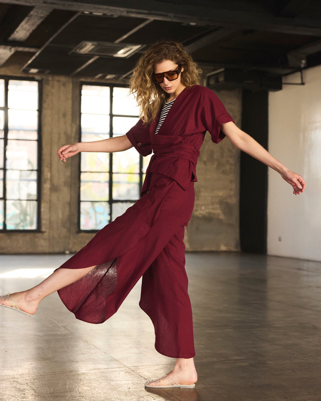 Pantalón Globo Solide Lino Burdeo