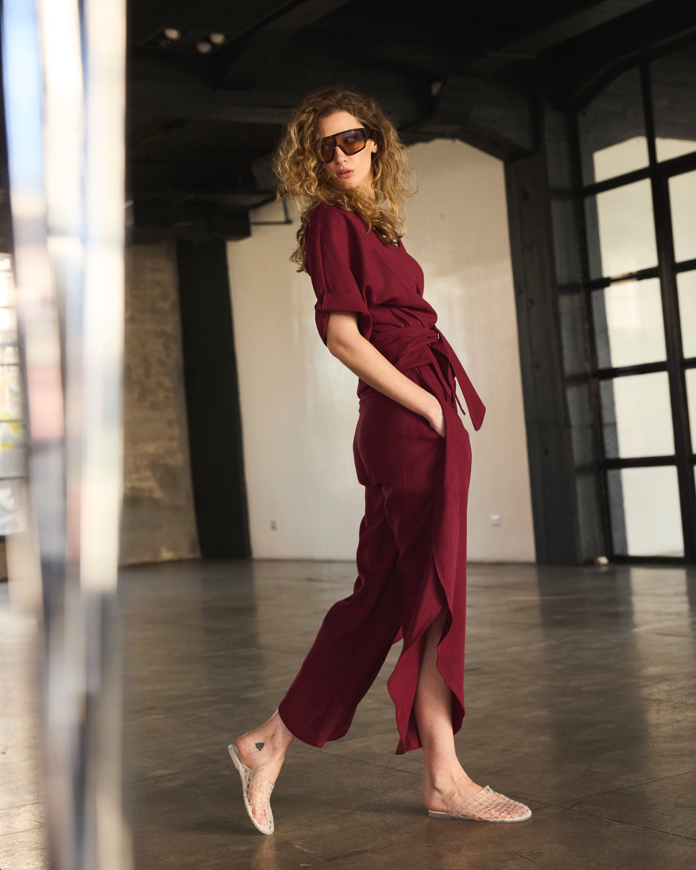 Pantalón Globo Solide Lino Burdeo