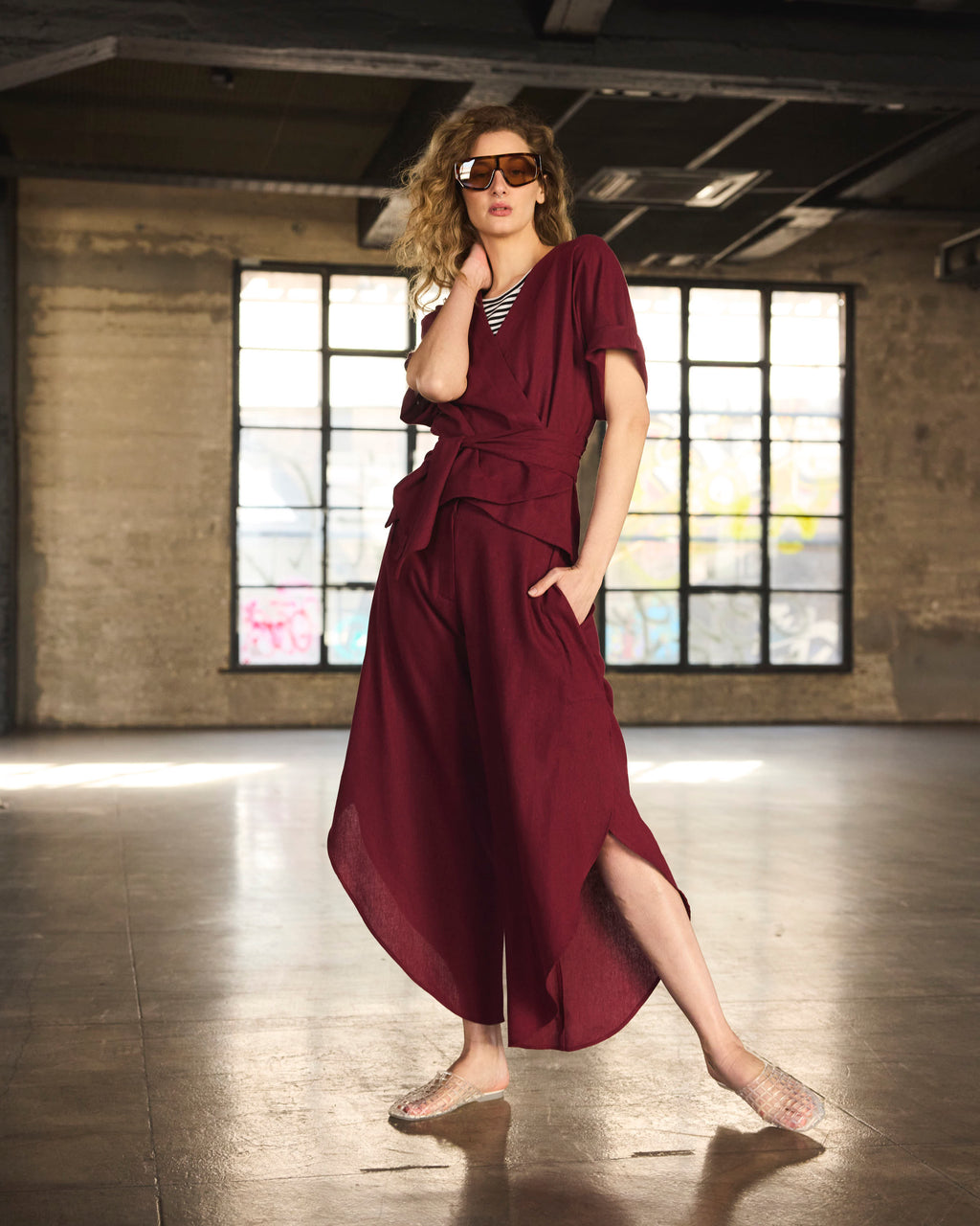 Pantalón Globo Solide Lino Burdeo