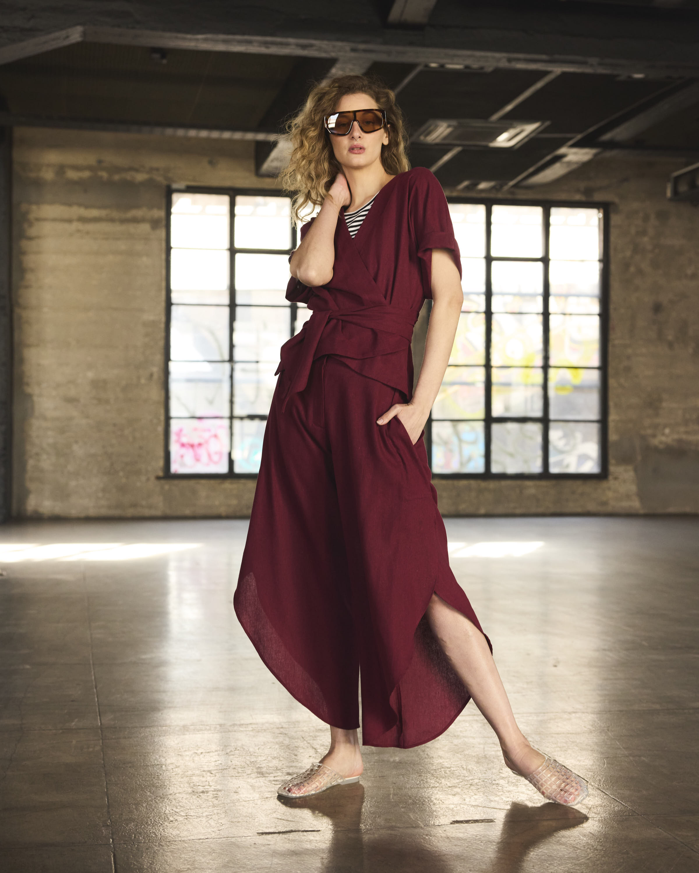 Pantalón Globo Solide Lino Burdeo