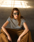 Pima Cotton Striped Flowy T-Shirt Black White