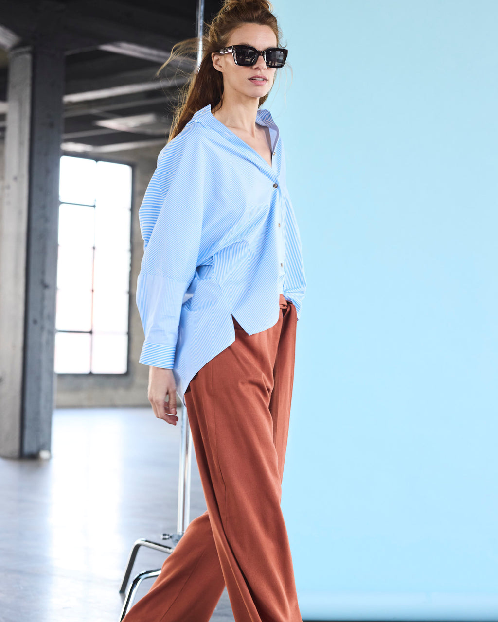 Blusa Heroine Algodón Listada Celeste