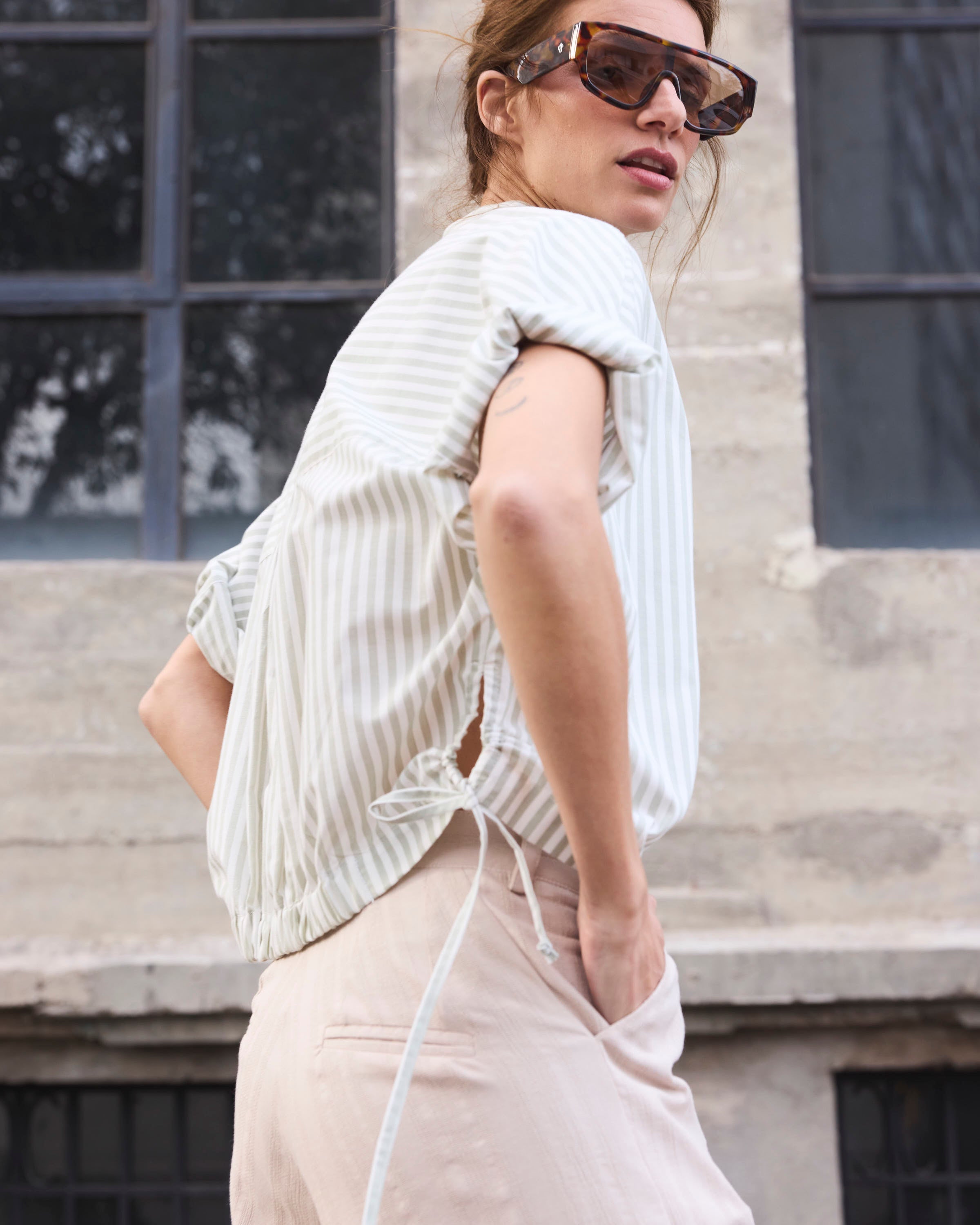 Blusa Reve 100% Algodón Listada Verde