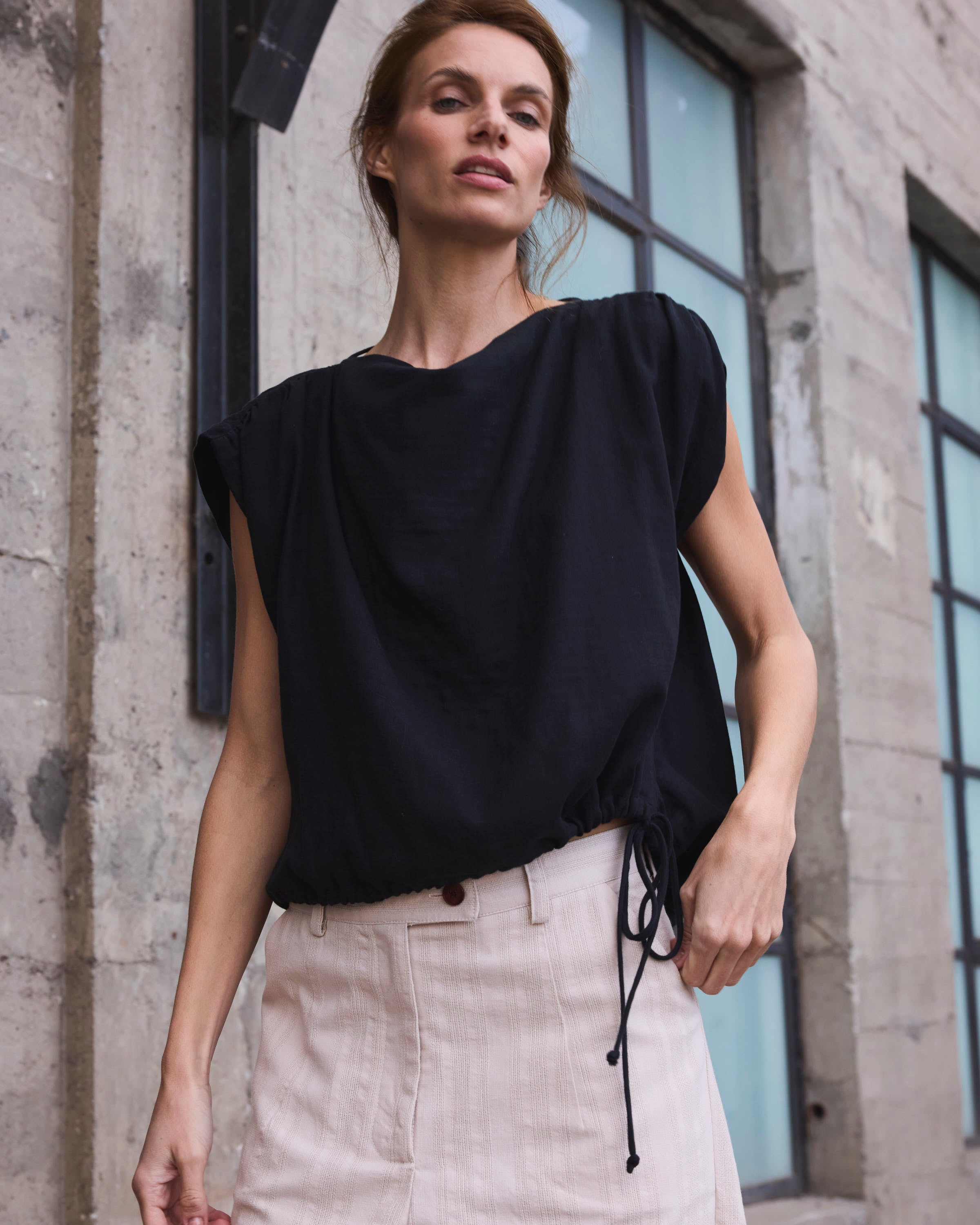 Top Drapeado Eclat Algodón Negro