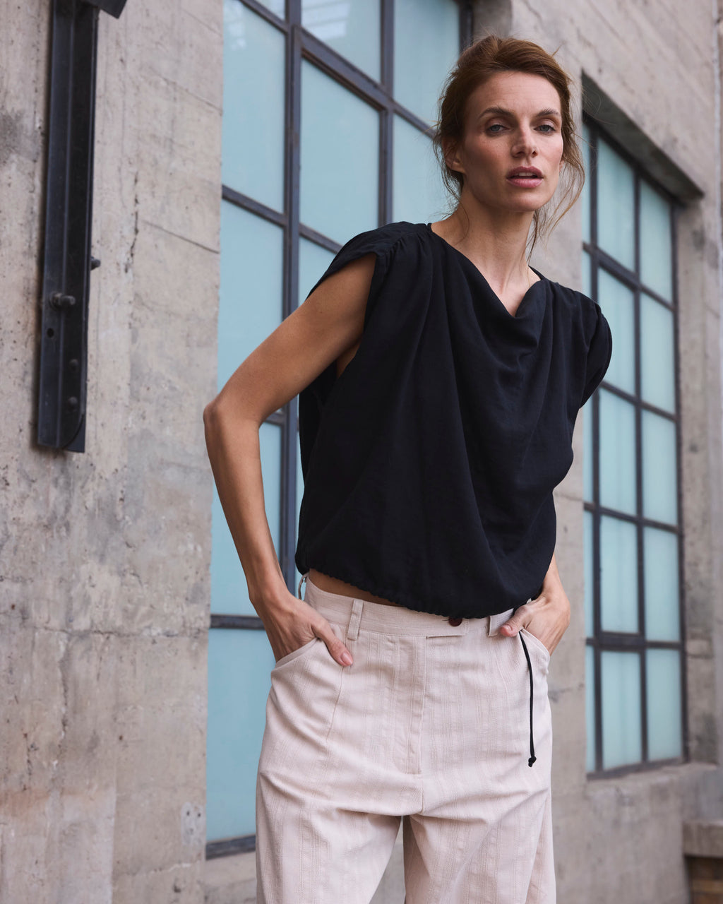 Top Drapeado Eclat Algodón Negro