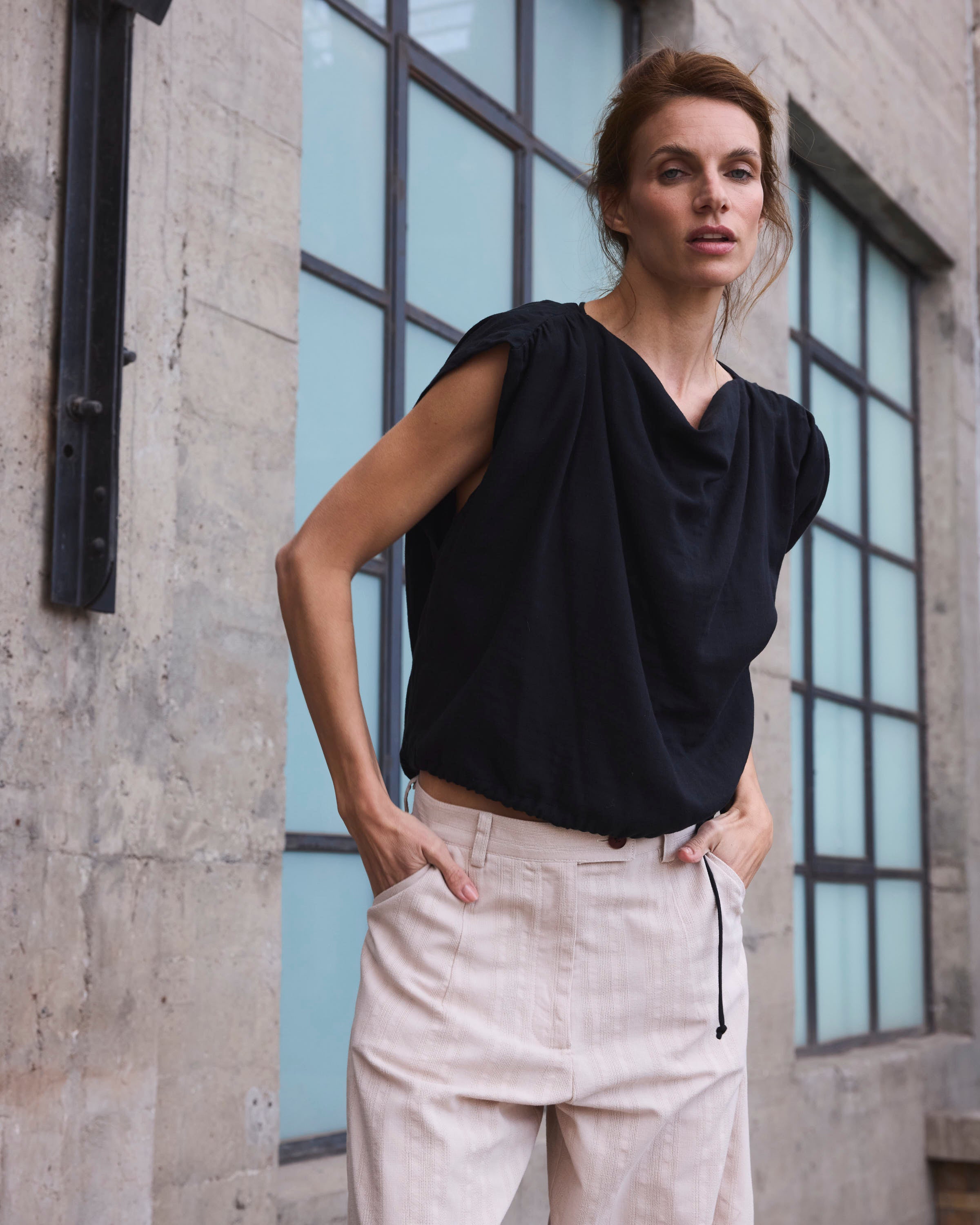 Top Drapeado Eclat Algodón Negro