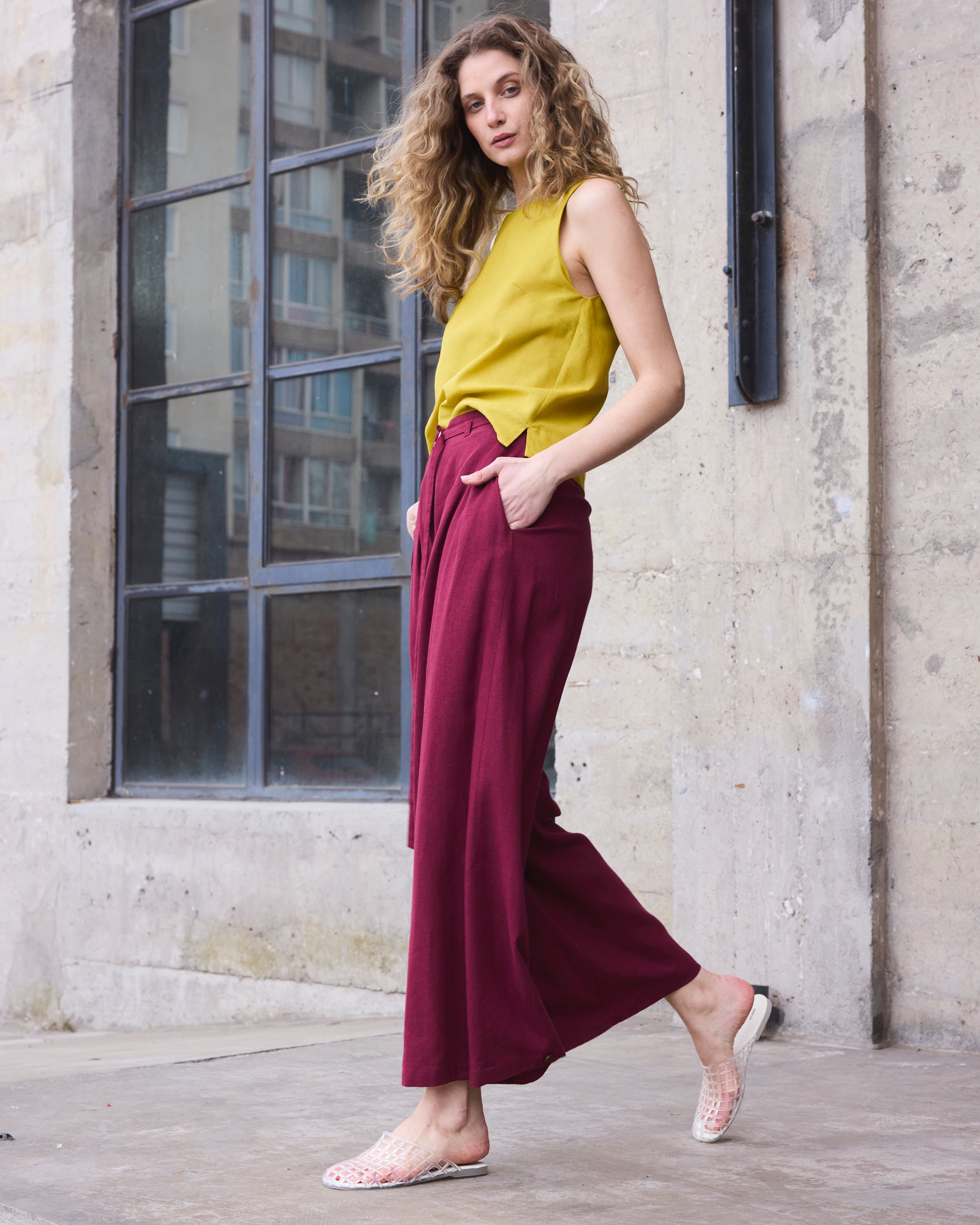 Pantalón Charme Lino Burdeo