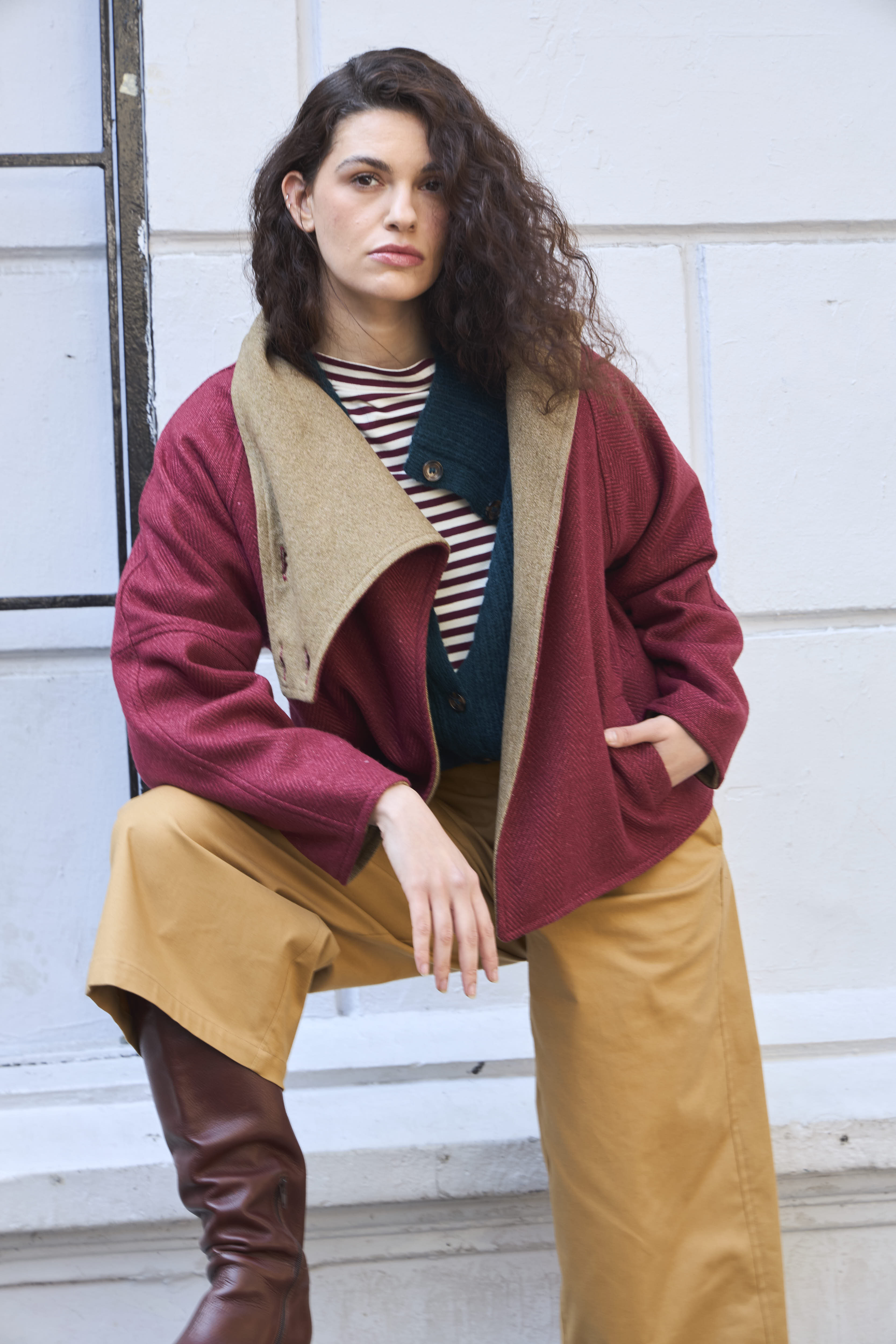 Chaquetón Reversible Candes Lana Senape/ Espiga Guinda