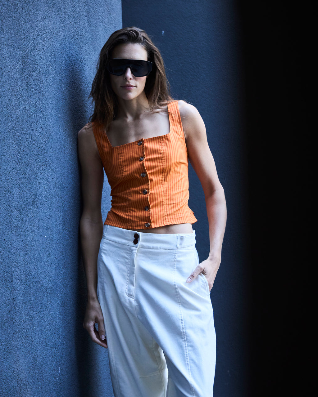 Top Birkin Algodón Listado Naranja