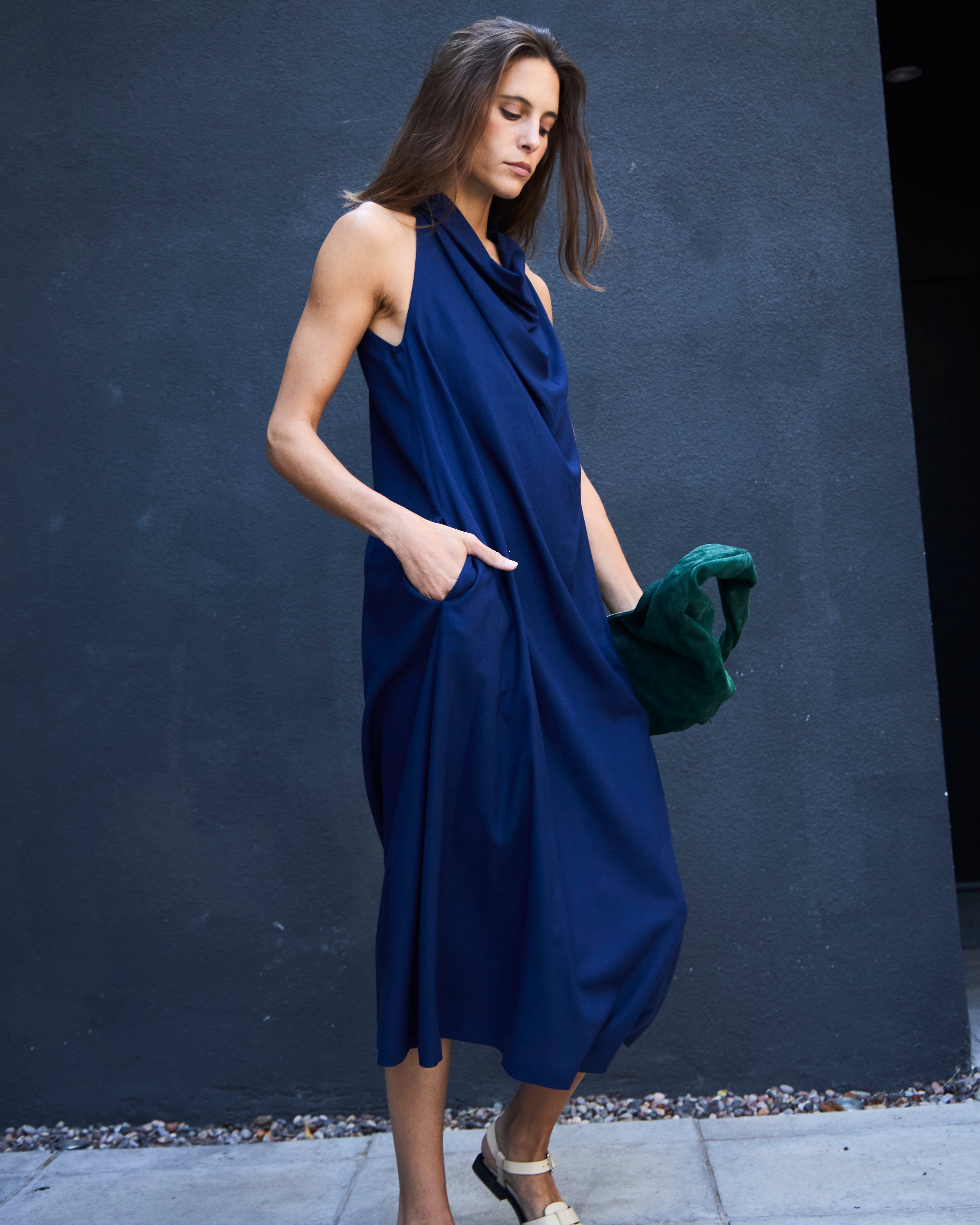 Vestido Drapeado Vie Lino Azul