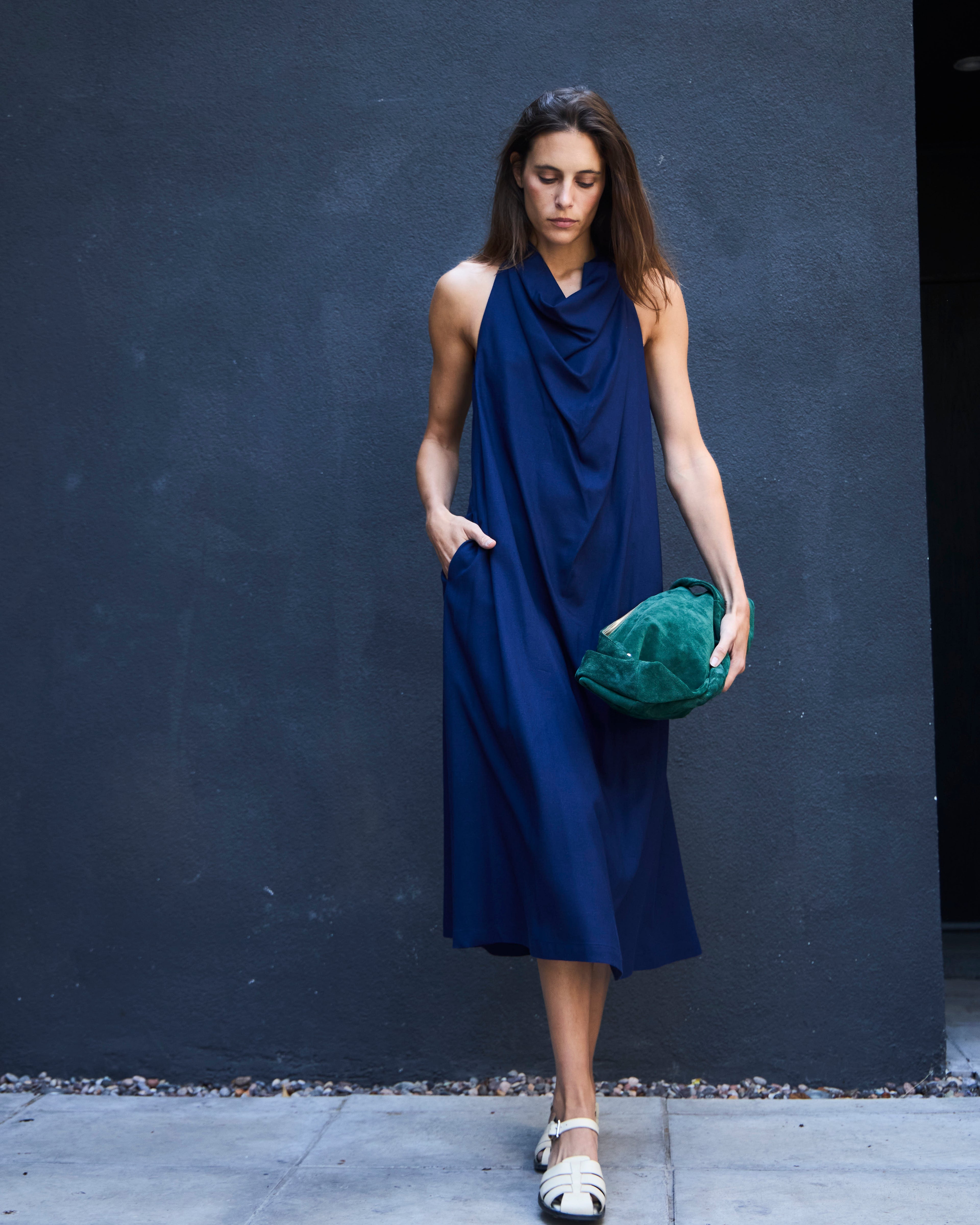 Vestido Drapeado Vie Lino Azul