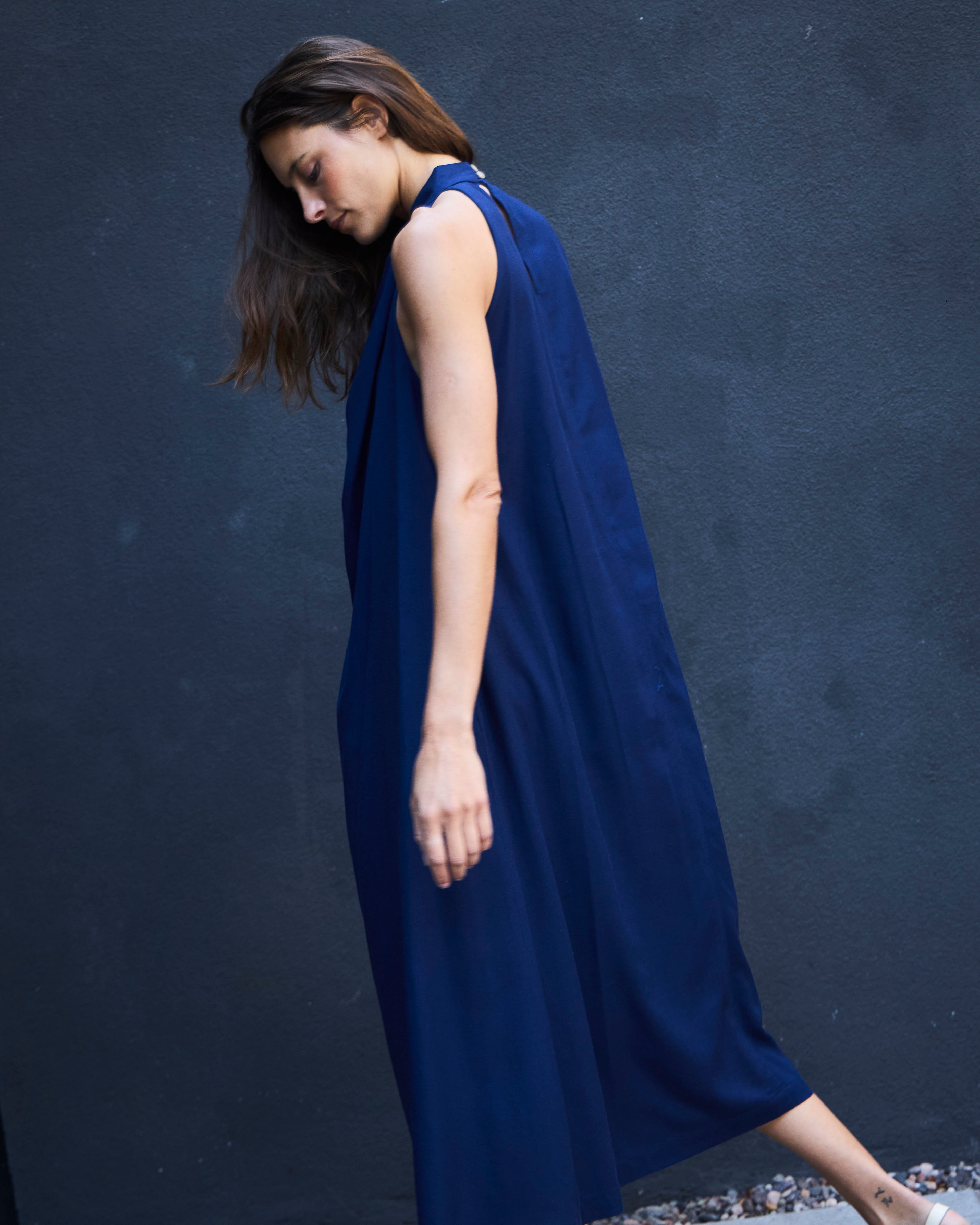 Vestido Drapeado Vie Lino Azul