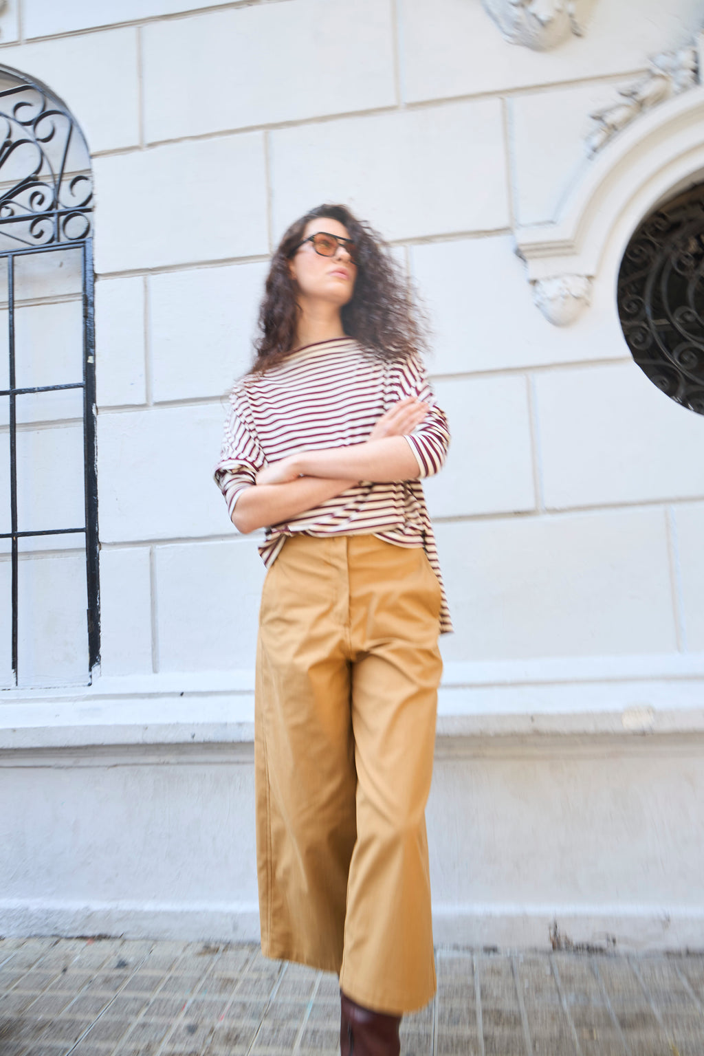Polera Frisson Algodón Listada Burdeo