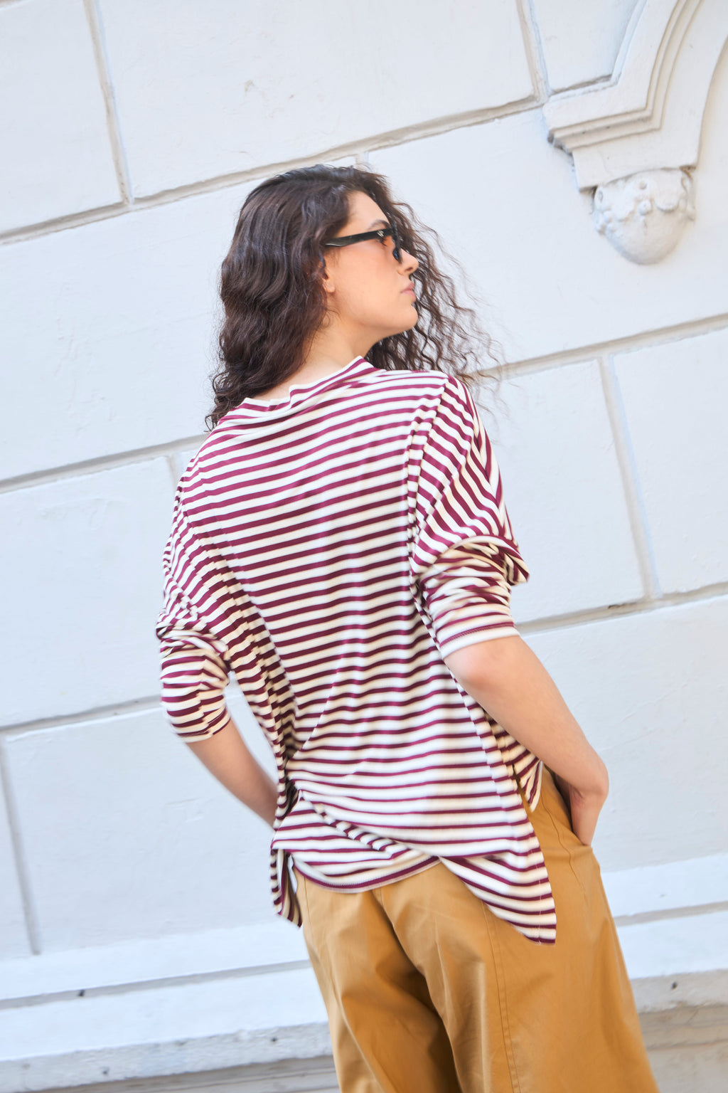 Polera Frisson Algodón Listada Burdeo