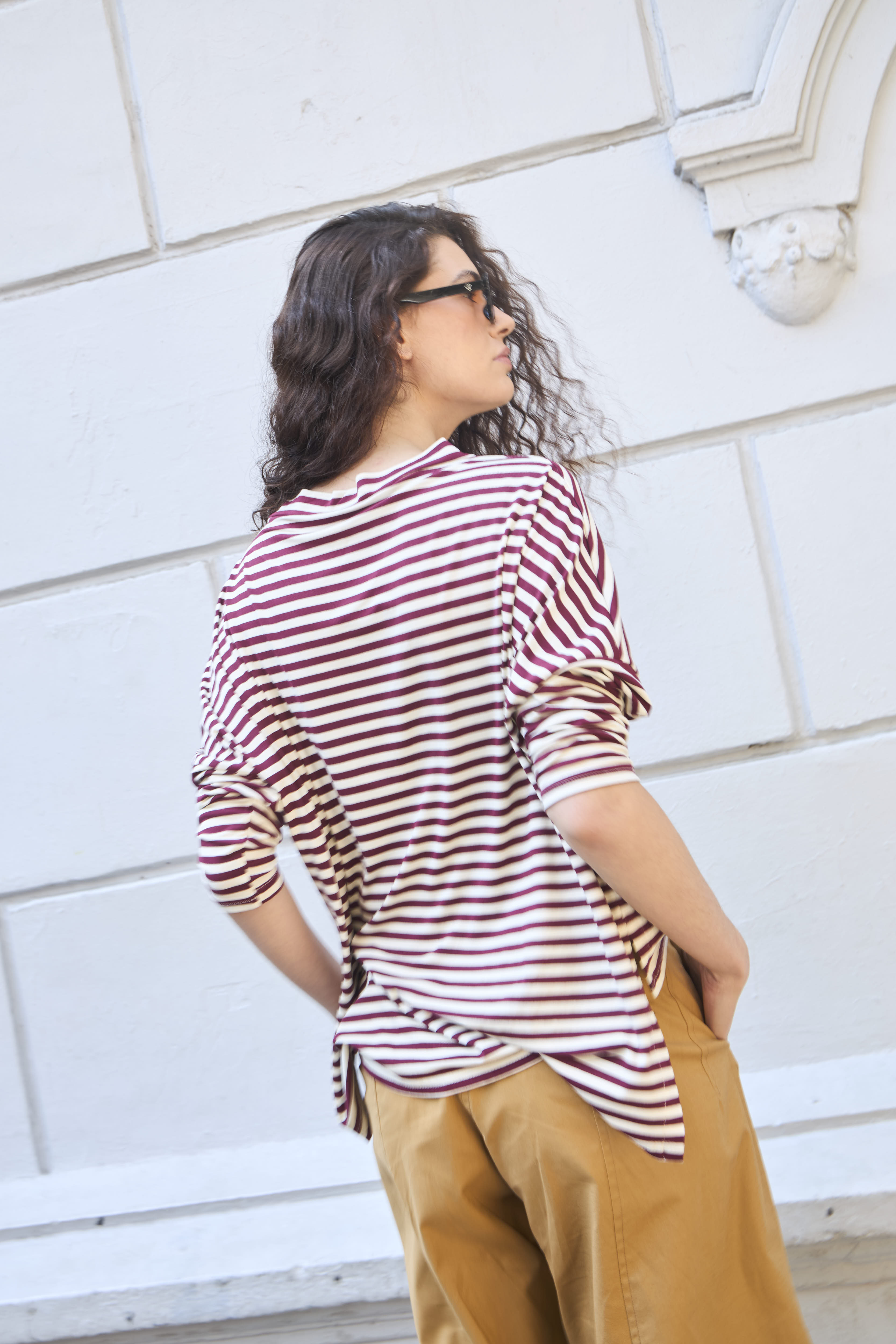 Polera Frisson Algodón Listada Burdeo