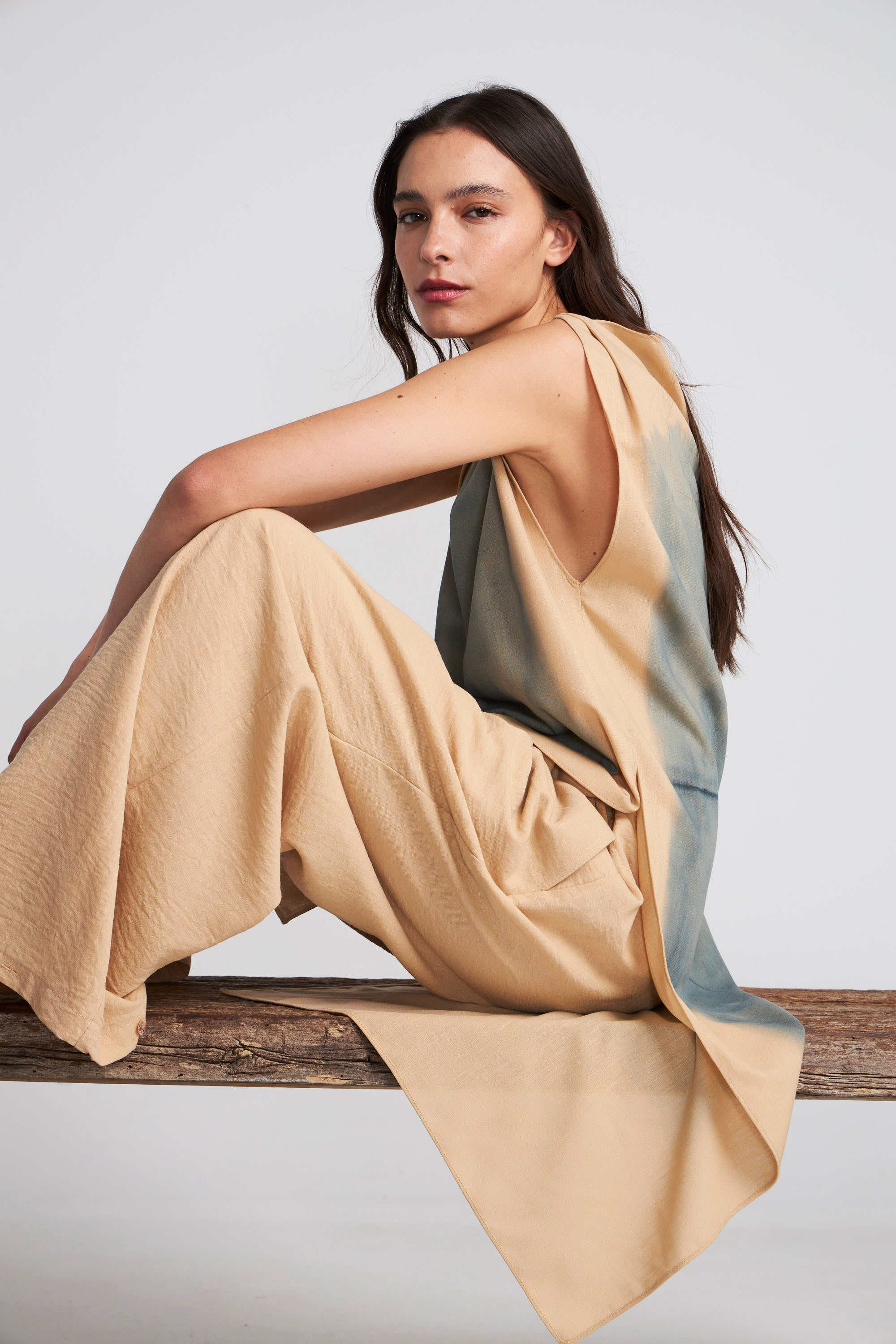 Top Largo Renoir Beige Estampado Azul