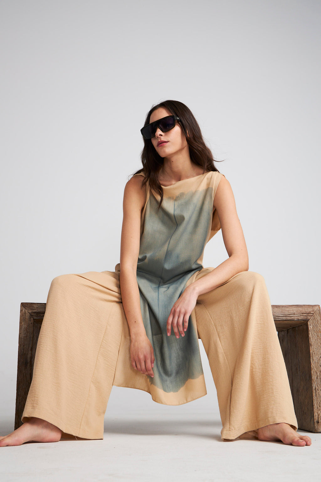 Top Largo Renoir Beige Estampado Azul