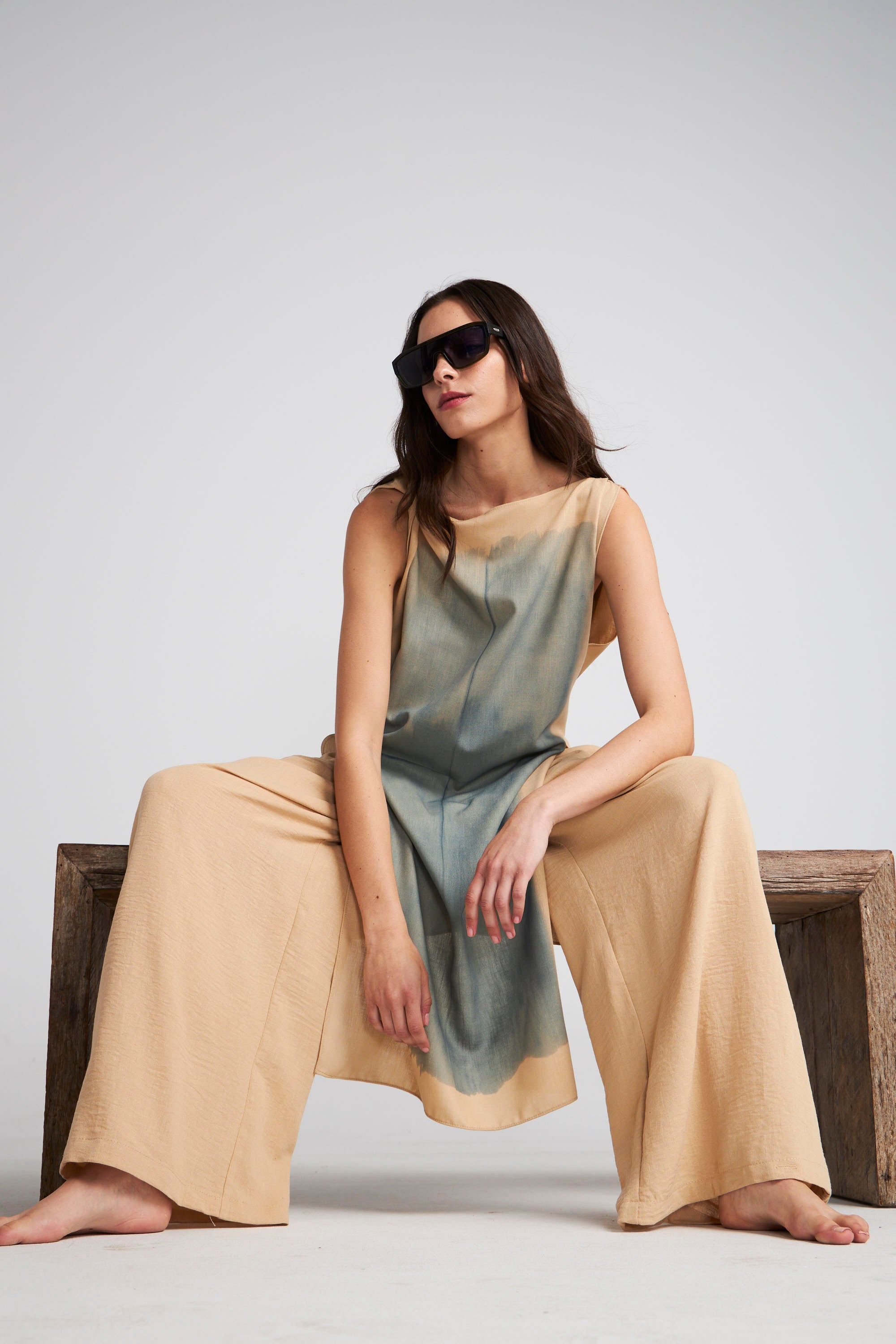 Top Largo Renoir Beige Estampado Azul