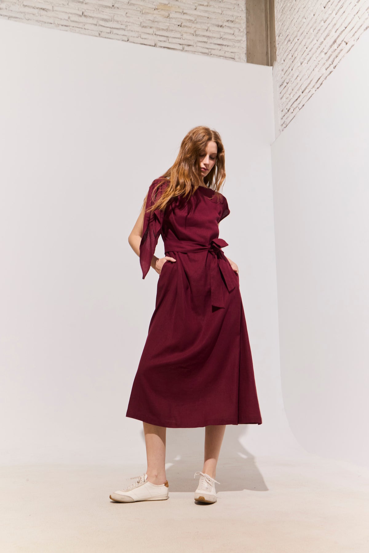 Vestido Nudo Ondine Lino Burdeo