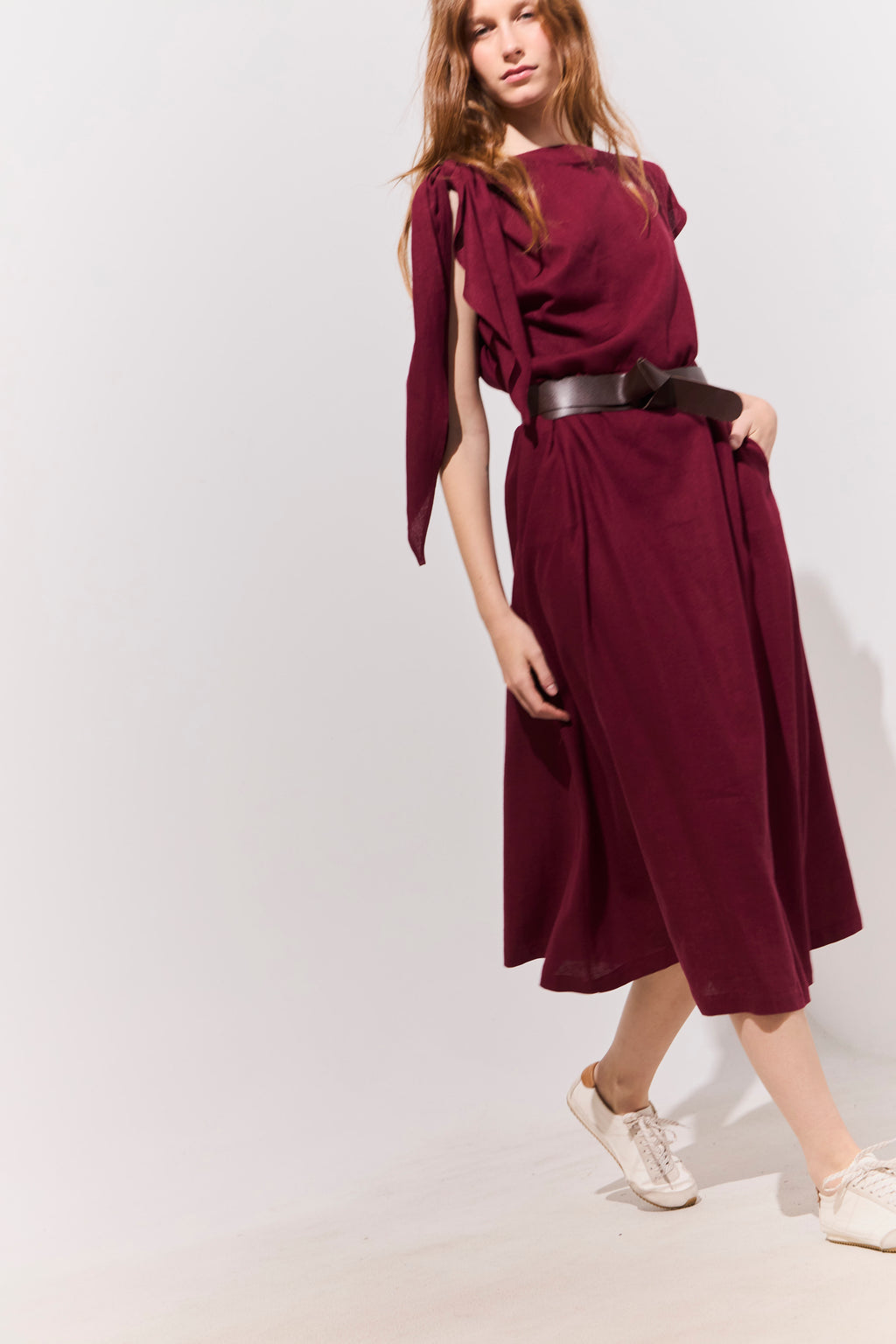Vestido Nudo Ondine Lino Burdeo