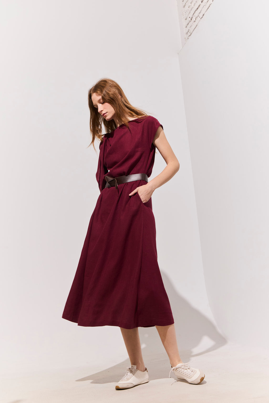 Vestido Nudo Ondine Lino Burdeo