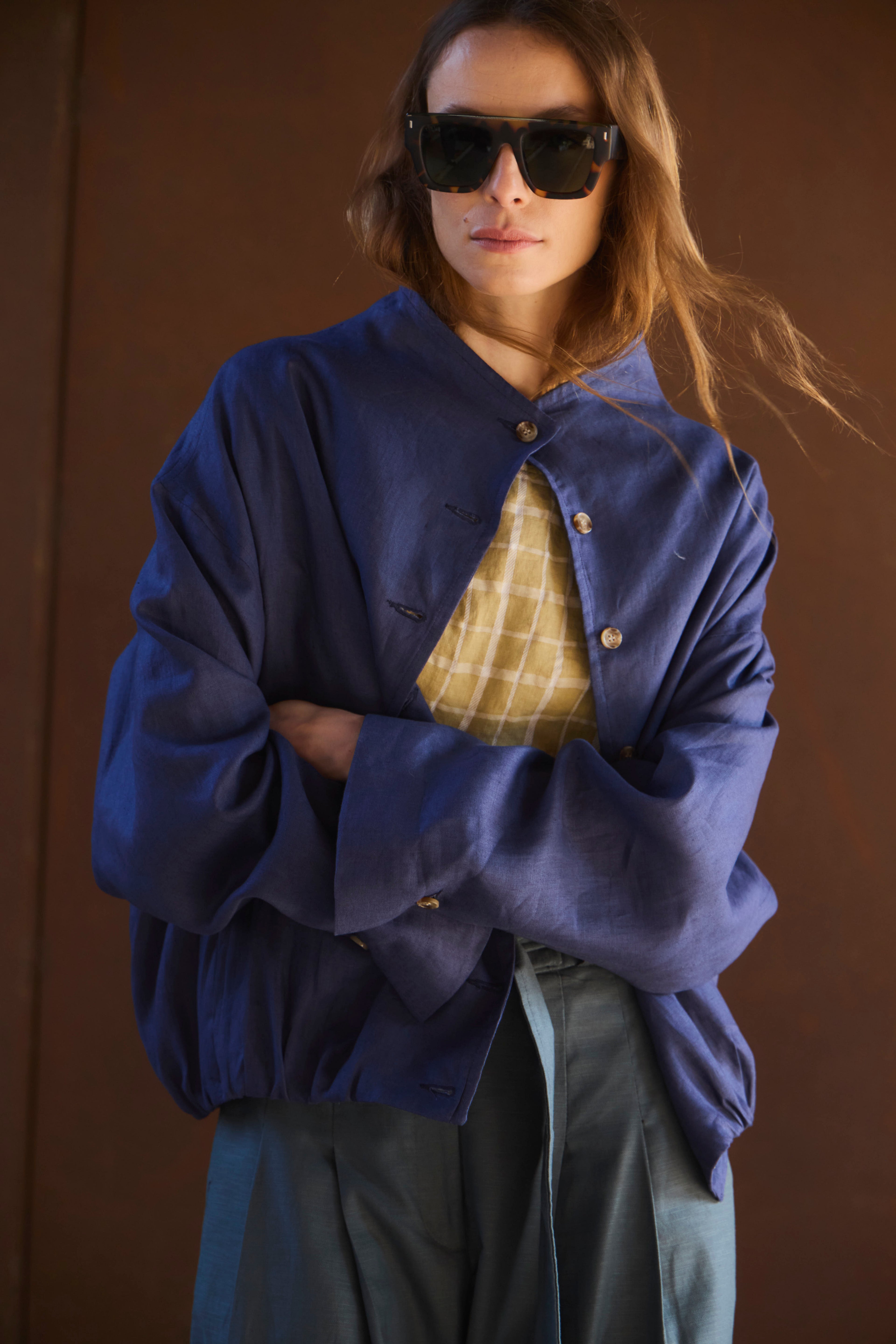 Bomber Nacre 100% Lino Azul