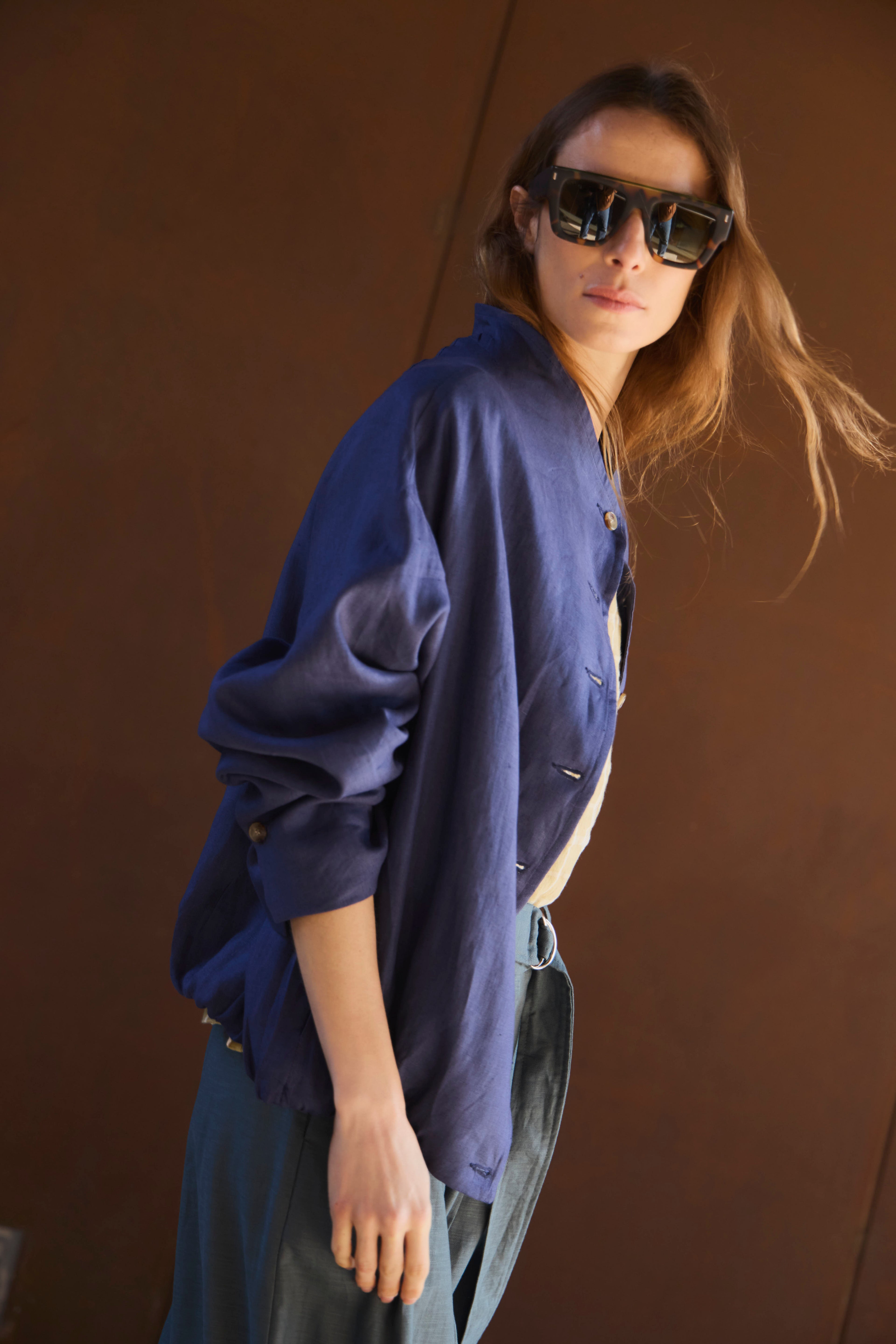 Bomber Nacre 100% Lino Azul