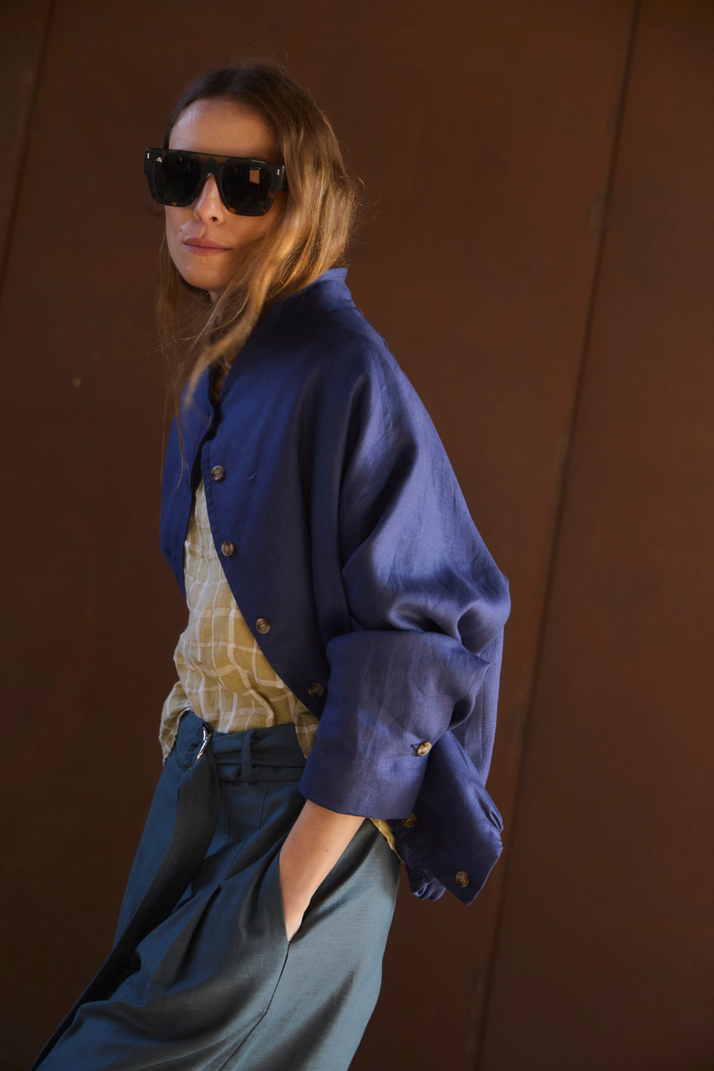 Bomber Nacre 100% Lino Azul