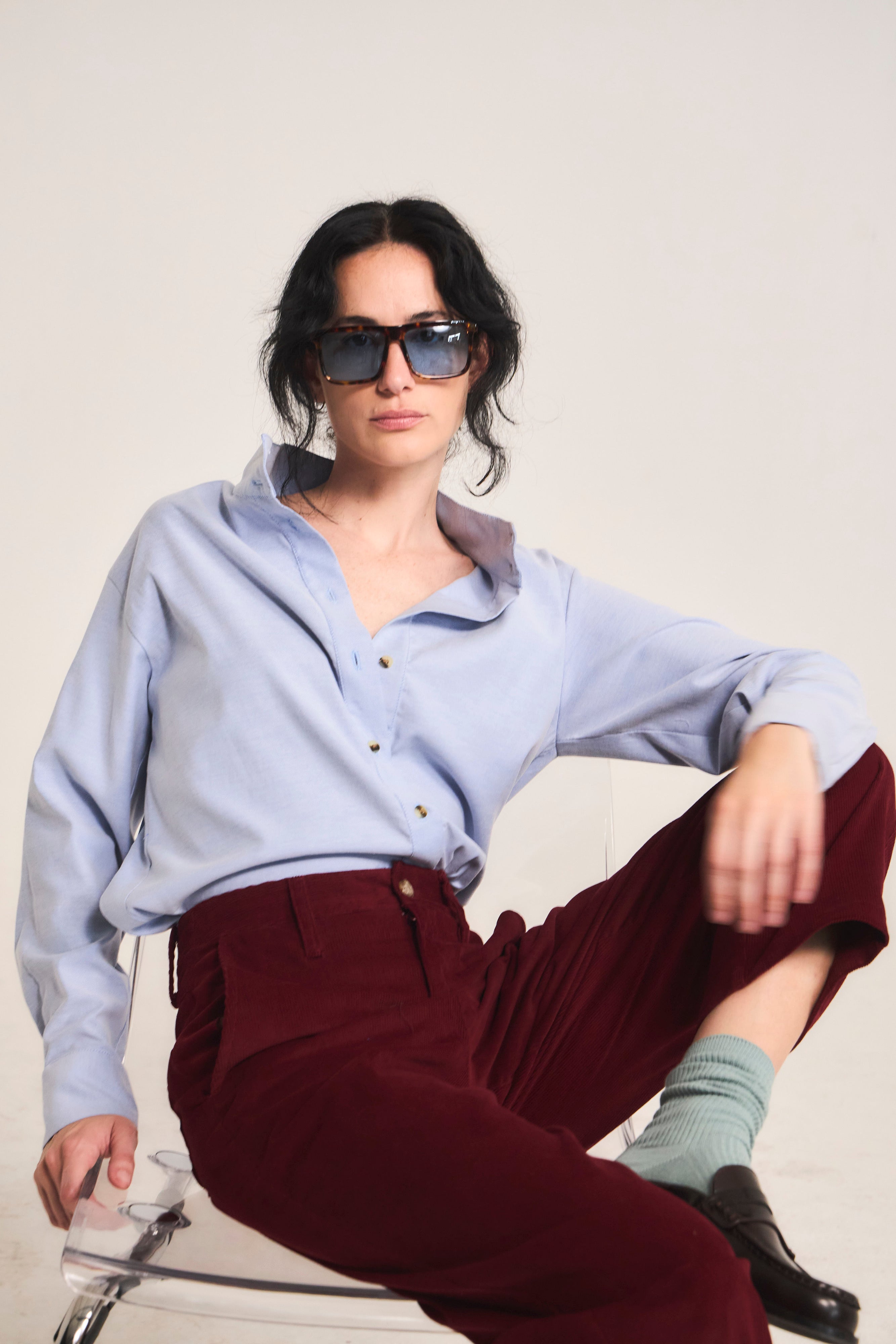 Blusa Ange 100% Algodón Oxford Celeste