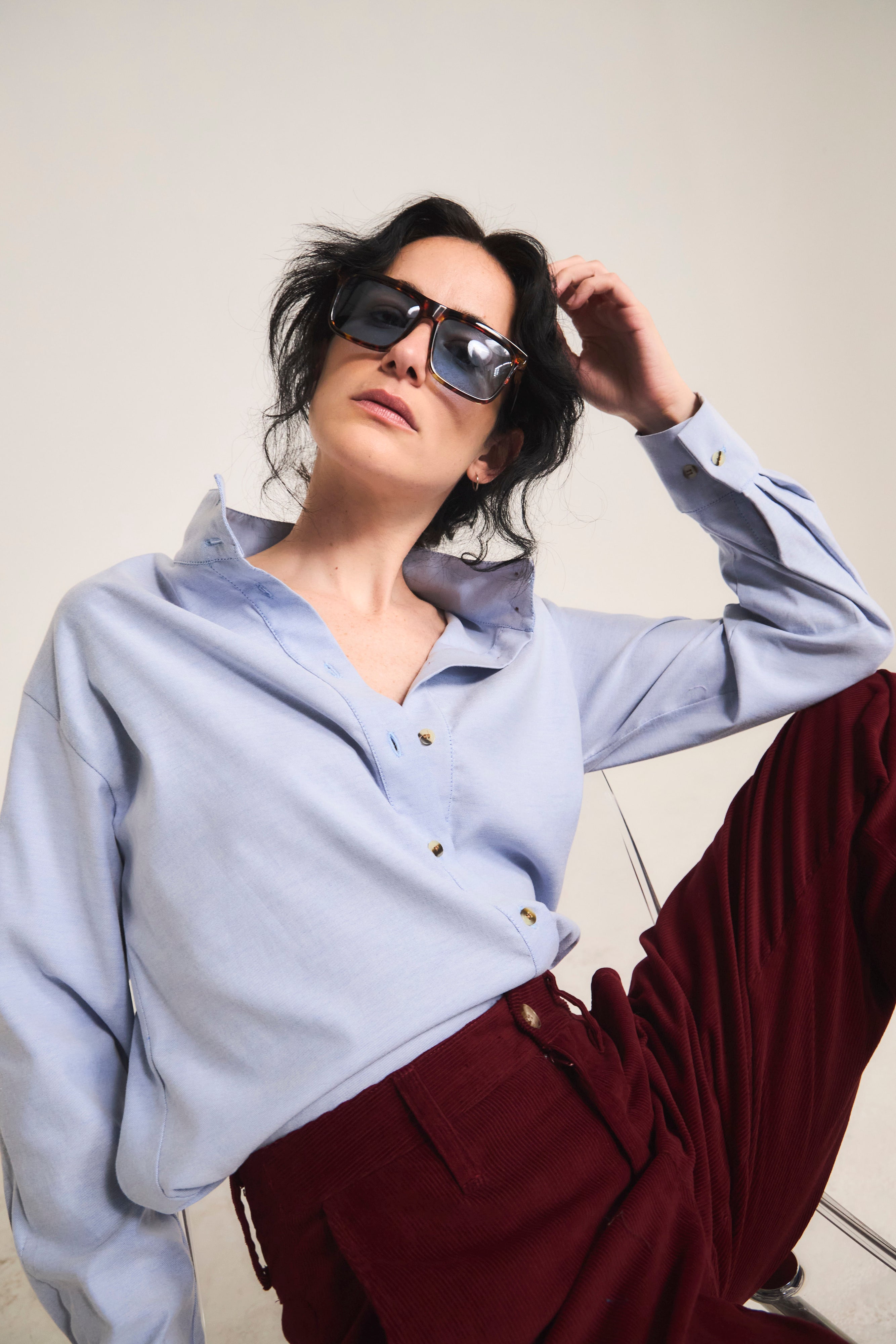 Blusa Ange 100% Algodón Oxford Celeste