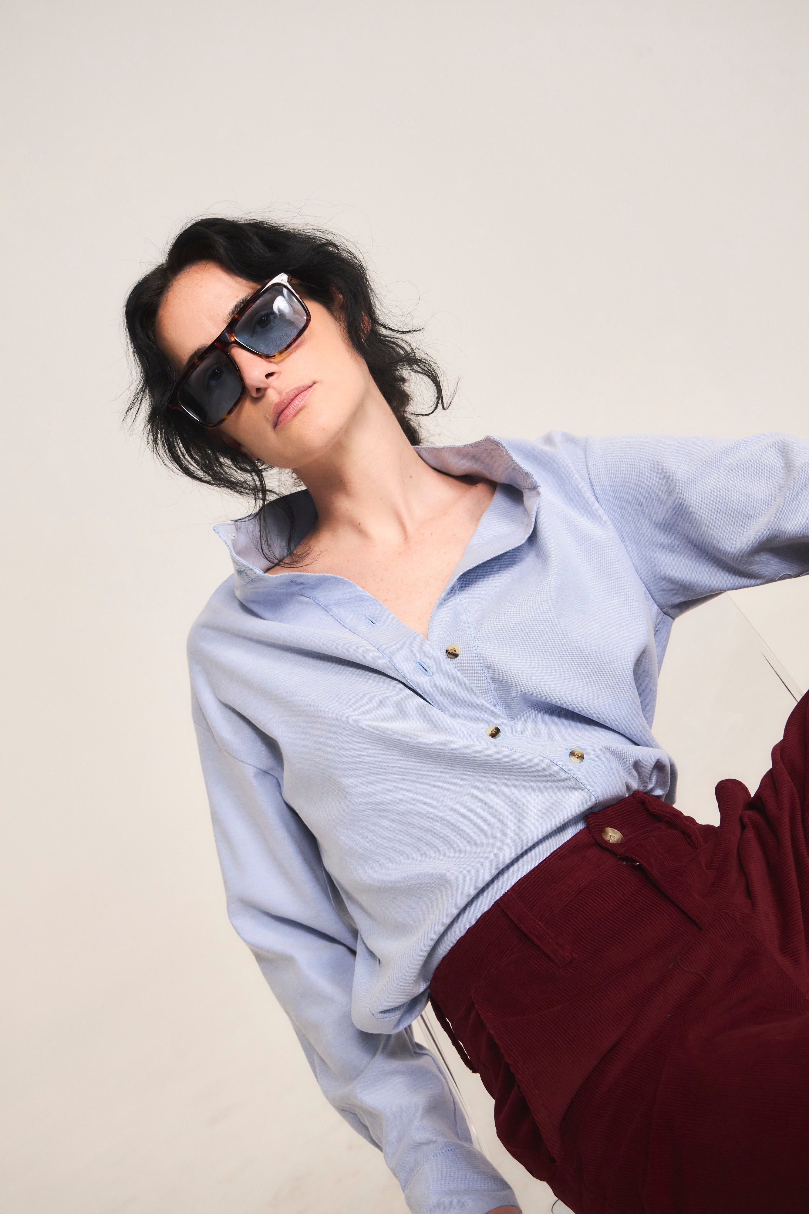 Blusa Ange 100% Algodón Oxford Celeste