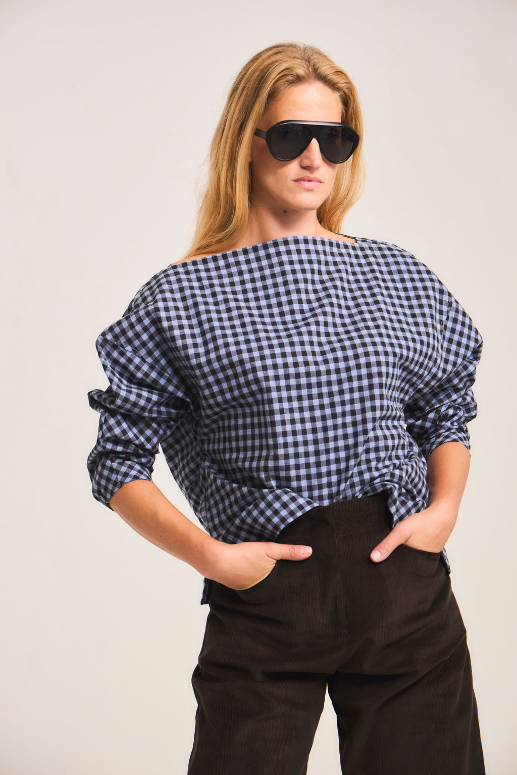 Blusa Trame 100% Algodón Cuadrillé Celeste
