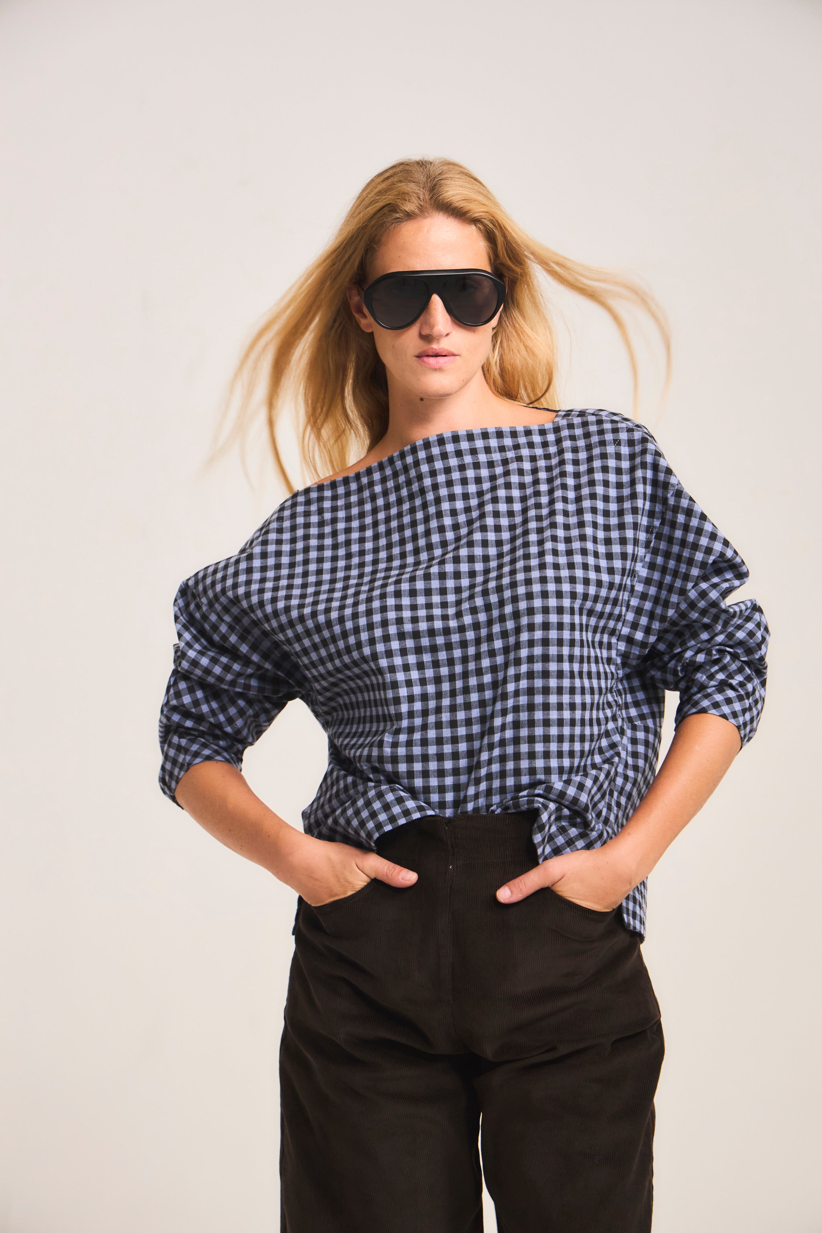 Blusa Trame 100% Algodón Cuadrillé Celeste