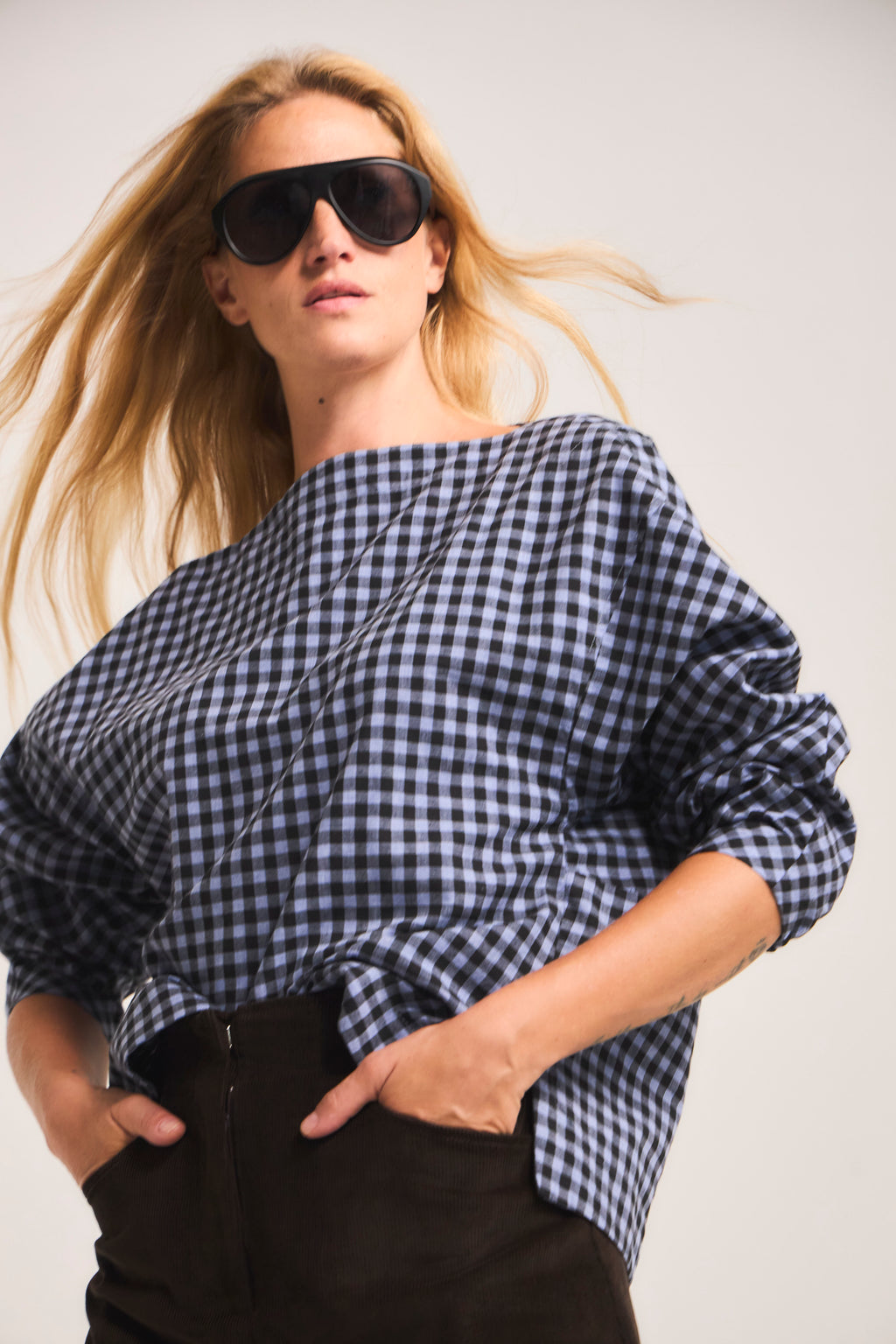 Blusa Trame 100% Algodón Cuadrillé Celeste