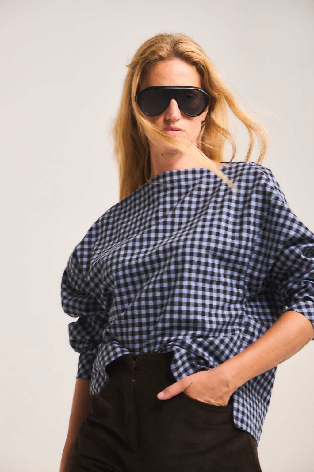 Blusa Trame 100% Algodón Cuadrillé Celeste
