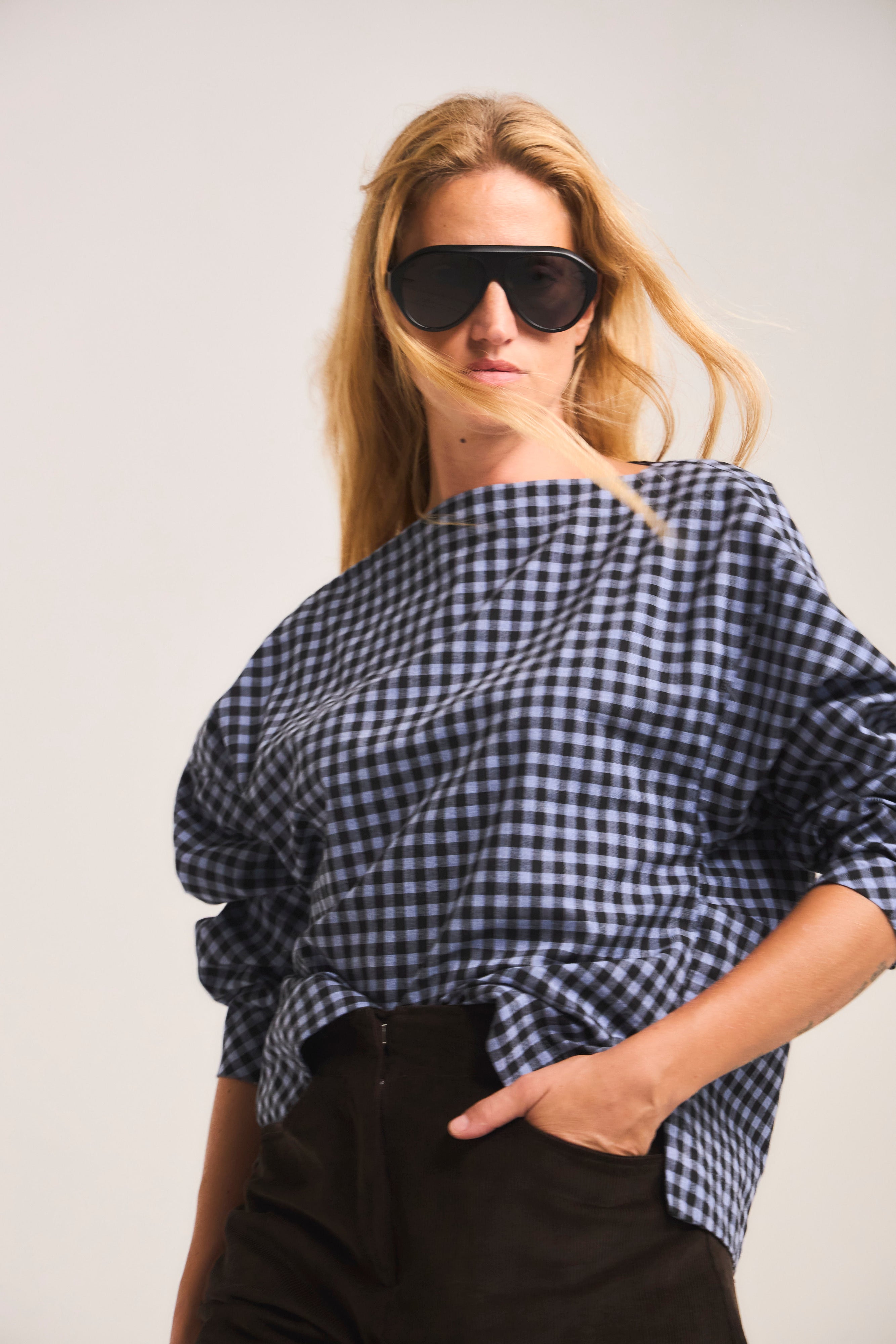 Blusa Trame 100% Algodón Cuadrillé Celeste