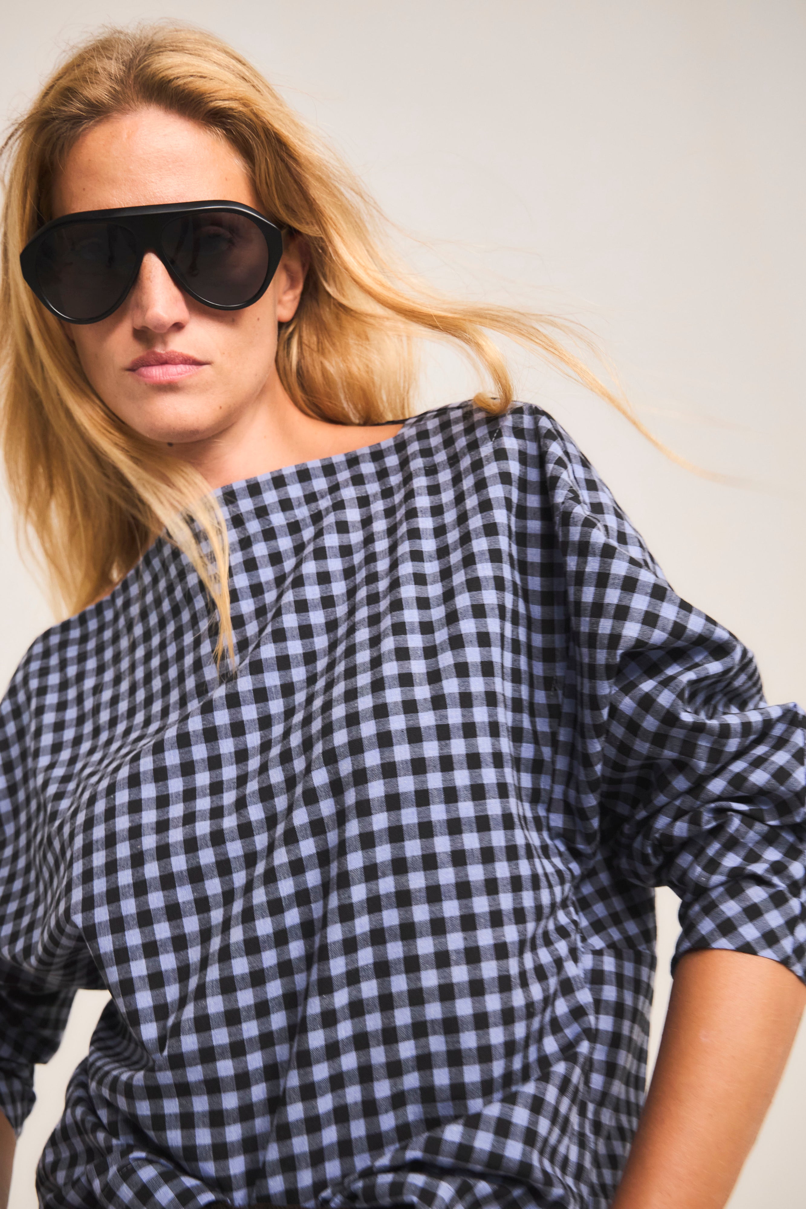 Blusa Trame 100% Algodón Cuadrillé Celeste